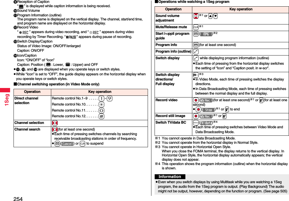 2541SegReception of Caption“ ” is displayed while caption information is being received.Sound VolumeProgram Information (outline)The program name is displayed on the vertical display. The channel, start/end time, and program name are displayed on the horizontal display.Record Video“ ” appears during video recording, and “ ” appears during video recording by Timer Recording. “ ” appears during pause of recording.Switch Display/CaptionStatus of Video Image: ON/OFF/enlargedCaption: ON/OFFIcon/CaptionIcon: “ON/OFF” of “Icon”Caption: Position ( : Lower,  : Upper) and OFFp, ,and are displayed when you operate keys or switch styles.pWhile “Icon” is set to “OFF”, the guide display appears on the horizontal display when you operate keys or switch styles.■Channel switching operation (in Video Mode only)Operation  Key operationDirect channel selectionRemote control No.1~9  . . . . . 1~9Remote control No.10. . . . . . . aRemote control No.11. . . . . . . 0Remote control No.12. . . . . . . sChannel selection NoChannel search No(for at least one second)pEach time of pressing switches channels by searching receivable broadcasting stations in order of frequency.pl() or r to suspend■Operations while watching a 1Seg program※1 You cannot operate in Data Broadcasting Mode.※2 You cannot operate from the horizontal display in Normal Style.※3 You cannot operate in Horizontal Open Style.When you close the FOMA terminal, the display returns to the vertical display. In Horizontal Open Style, the horizontal display automatically appears; the vertical display does not appear.※4 This operation shows the program information (outline) when the horizontal display is shown.Operation  Key operationSound volumeadjustmentBo※1 or &lt;/&gt;Mute/Release mute r※1Start i-αppli program guidel()※2Program info l(for at least one second)Program info (outline)dSwitch display  d while displaying program information (outline)pEach time of pressing from the horizontal display switches the setting of “Icon” and “Caption posit. in w-scr”.Switch display directions/Full displayc※3pIn Video Mode, each time of pressing switches the display directions.pIn Data Broadcasting Mode, each time of pressing switches between the normal display and the full display.Record video Oo( )(for at least one second)※1 or p(for at least one second)pOo()※1 or p to endRecord still image Oo()※1 or pSwitch TV/data BC m()※4pEach time of pressing switches between Video Mode and Data Broadcasting Mode.InformationpEven when you switch displays by using Multitask while you are watching a 1Seg program, the audio from the 1Seg program is output. (Play Background) The audio might not be output, however, depending on the function or program. (See page 505) 