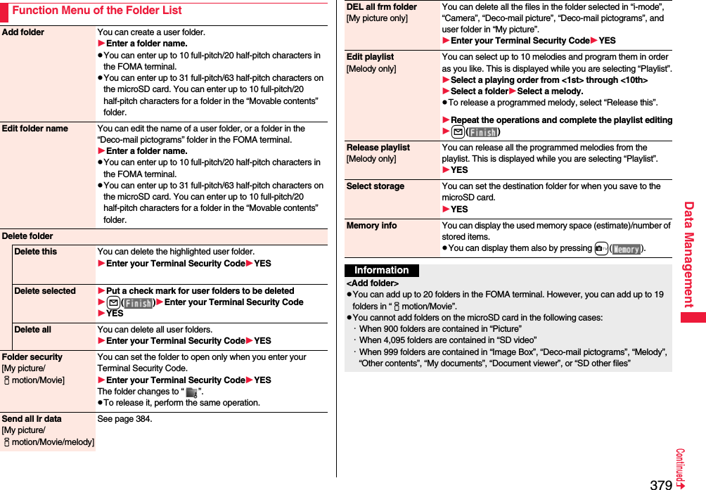 379Data ManagementFunction Menu of the Folder ListAdd folder You can create a user folder.Enter a folder name.pYou can enter up to 10 full-pitch/20 half-pitch characters in the FOMA terminal.pYou can enter up to 31 full-pitch/63 half-pitch characters on the microSD card. You can enter up to 10 full-pitch/20 half-pitch characters for a folder in the “Movable contents” folder.Edit folder name You can edit the name of a user folder, or a folder in the “Deco-mail pictograms” folder in the FOMA terminal.Enter a folder name.pYou can enter up to 10 full-pitch/20 half-pitch characters in the FOMA terminal.pYou can enter up to 31 full-pitch/63 half-pitch characters on the microSD card. You can enter up to 10 full-pitch/20 half-pitch characters for a folder in the “Movable contents” folder.Delete folderDelete this You can delete the highlighted user folder.Enter your Terminal Security CodeYESDelete selected Put a check mark for user folders to be deletedl()Enter your Terminal Security CodeYESDelete all You can delete all user folders.Enter your Terminal Security CodeYESFolder security[My picture/imotion/Movie]You can set the folder to open only when you enter your Terminal Security Code.Enter your Terminal Security CodeYESThe folder changes to “ ”.pTo release it, perform the same operation.Send all Ir data[My picture/imotion/Movie/melody]See page 384.DEL all frm folder[My picture only]You can delete all the files in the folder selected in “i-mode”, “Camera”, “Deco-mail picture”, “Deco-mail pictograms”, and user folder in “My picture”.Enter your Terminal Security CodeYESEdit playlist[Melody only]You can select up to 10 melodies and program them in order as you like. This is displayed while you are selecting “Playlist”.Select a playing order from &lt;1st&gt; through &lt;10th&gt;Select a folderSelect a melody.pTo release a programmed melody, select “Release this”.Repeat the operations and complete the playlist editingl()Release playlist[Melody only]You can release all the programmed melodies from the playlist. This is displayed while you are selecting “Playlist”.YESSelect storage You can set the destination folder for when you save to the microSD card.YESMemory info You can display the used memory space (estimate)/number of stored items.pYou can display them also by pressing c().Information&lt;Add folder&gt;pYou can add up to 20 folders in the FOMA terminal. However, you can add up to 19 folders in “imotion/Movie”.pYou cannot add folders on the microSD card in the following cases:・When 900 folders are contained in “Picture”・When 4,095 folders are contained in “SD video”・When 999 folders are contained in “Image Box”, “Deco-mail pictograms”, “Melody”, “Other contents”, “My documents”, “Document viewer”, or “SD other files”