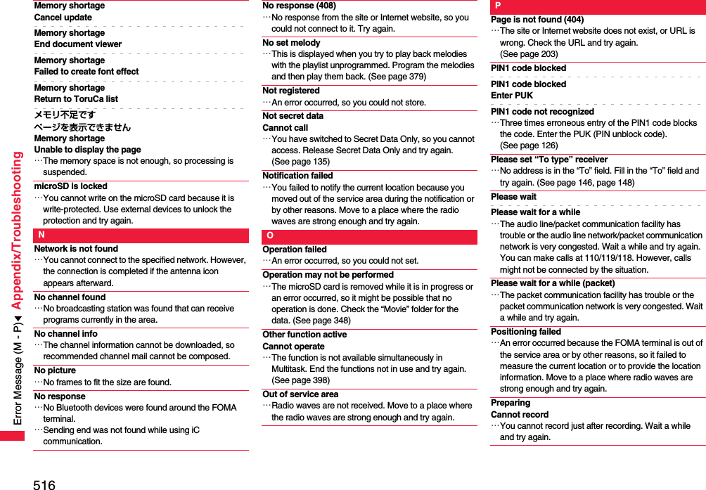 516Appendix/TroubleshootingMemory shortageCancel updateMemory shortageEnd document viewerMemory shortage Failed to create font effectMemory shortage Return to ToruCa listメモリ不足ですページを表示できませんMemory shortageUnable to display the page…The memory space is not enough, so processing is suspended.microSD is locked…You cannot write on the microSD card because it is write-protected. Use external devices to unlock the protection and try again.NNetwork is not found…You cannot connect to the specified network. However, the connection is completed if the antenna icon appears afterward.No channel found…No broadcasting station was found that can receive programs currently in the area.No channel info…The channel information cannot be downloaded, so recommended channel mail cannot be composed.No picture…No frames to fit the size are found.No response…No Bluetooth devices were found around the FOMA terminal.…Sending end was not found while using iC communication.No response (408)…No response from the site or Internet website, so you could not connect to it. Try again.No set melody…This is displayed when you try to play back melodies with the playlist unprogrammed. Program the melodies and then play them back. (See page 379)Not registered…An error occurred, so you could not store.Not secret dataCannot call…You have switched to Secret Data Only, so you cannot access. Release Secret Data Only and try again. (See page 135)Notification failed…You failed to notify the current location because you moved out of the service area during the notification or by other reasons. Move to a place where the radio waves are strong enough and try again.OOperation failed…An error occurred, so you could not set.Operation may not be performed…The microSD card is removed while it is in progress or an error occurred, so it might be possible that no operation is done. Check the “Movie” folder for the data. (See page 348)Other function activeCannot operate…The function is not available simultaneously in Multitask. End the functions not in use and try again. (See page 398)Out of service area…Radio waves are not received. Move to a place where the radio waves are strong enough and try again.PPage is not found (404)…The site or Internet website does not exist, or URL is wrong. Check the URL and try again. (See page 203)PIN1 code blockedPIN1 code blocked Enter PUKPIN1 code not recognized…Three times erroneous entry of the PIN1 code blocks the code. Enter the PUK (PIN unblock code). (See page 126)Please set “To type” receiver…No address is in the “To” field. Fill in the “To” field and try again. (See page 146, page 148)Please waitPlease wait for a while…The audio line/packet communication facility has trouble or the audio line network/packet communication network is very congested. Wait a while and try again. You can make calls at 110/119/118. However, calls might not be connected by the situation.Please wait for a while (packet)…The packet communication facility has trouble or the packet communication network is very congested. Wait a while and try again.Positioning failed…An error occurred because the FOMA terminal is out of the service area or by other reasons, so it failed to measure the current location or to provide the location information. Move to a place where radio waves are strong enough and try again.PreparingCannot record…You cannot record just after recording. Wait a while and try again.Error Message (M - P)