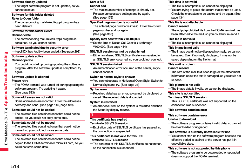 518Appendix/TroubleshootingSoftware already updated…The target software program is not updated, so you cannot execute.Software for this folder deleted Refer to Open folder…The corresponding mail-linked i-αppli program has been deleted.Software for this folder exists Cannot delete…The corresponding mail-linked i-αppli program is contained, so you cannot delete.Software terminated due to security error…i-αppli DX has forcibly been ended. (See page 293)Software update active Cannot operate…You could not start up during updating the software program. After the software update is completed, try again.Software update is abortedPlease retry…The FOMA terminal was turned off during updating the software program. Try updating it again. (See page 523)Some addresses are not valid…Some addresses are incorrect. Enter the addresses correctly and send. (See page 146, page 189)Some data could not be copied…The selected files contained ones that could not be copied, so you could not copy some data.Some data could not be moved…The selected files contained ones that could not be moved, so you could not move some data.Some data could not be saved…The selected files contained ones that could not be copied to the FOMA terminal or microSD card, so you could not save some data.Sort is full Cannot add…The maximum number of settings is already set. Release unnecessary settings and try again. (See page 176)Specified page number is not valid…The entered page number is invalid. Enter the correct page number and try again. (See page 388)Specify max cost within ¥10-100,000…Set the limit of Notice Call Cost to ¥10 through ¥100,000. (See page 414)SSL/TLS session cannot be established…Either an altered SSL/TLS certificate was received or an SSL/TLS error occurred, so you could not connect.SSL/TLS session failed…An authentication error occurred at the server, so you cannot connect.Switch to normal style to answer…You cannot operate in Horizontal Open Style. Switch to Normal Style and try. (See page 24)Syntax error…Received data has an error, so cannot be displayed or saved. The received data is discarded.System is restarted…An error occurred, so the system is restarted and then the Stand-by display returns.TThis certificate has expiredTerminate SSL/TLS session…Expiration date of SSL/TLS certificate has passed, so the connection is suspended.This certificate is not valid for this URLTerminate SSL/TLS session…The contents of this SSL/TLS certificate do not match, so the connection is suspended.This data is not valid…The file is incompatible, so cannot be displayed.…You are trying to paste characters that cannot be used. Check the characters to be pasted and try again. (See page 434)This file is not attachable Cannot resend…The output-prohibited file from the FOMA terminal has been attached to the mail, so you could not re-send it.This file is not valid…The file is incompatible, so cannot be displayed.This image is not valid…The image could not be displayed normally, so cannot be saved. Even if normally displayed, it may not be saved depending on the file format.This mail is broken Cannot resend…The size of the mail text is too large or the attachment information about the text is damaged, so you could not re-send.This picture is not valid…The image data is invalid, so cannot be displayed.This site is not certifiedTerminate SSL/TLS session…This SSL/TLS certificate was not supported, so the connection was suspended.This software contains errorThis software contains error Unable to download…The software program contains invalid data, so cannot be downloaded or upgraded.This software is currently unavailable for use…You cannot start up the software program because the effective period is expired or the server has put it in unavailable state.This software is not supported by this phone…The software program to be downloaded or upgraded does not support the FOMA terminal.Error Message (S - T)