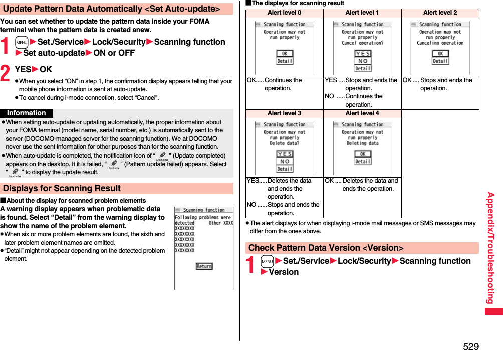 529Appendix/TroubleshootingYou can set whether to update the pattern data inside your FOMA terminal when the pattern data is created anew.1mSet./ServiceLock/SecurityScanning functionSet auto-updateON or OFF2YESOKpWhen you select “ON” in step 1, the confirmation display appears telling that your mobile phone information is sent at auto-update.pTo cancel during i-mode connection, select “Cancel”.■About the display for scanned problem elementsA warning display appears when problematic data is found. Select “Detail” from the warning display to show the name of the problem element.pWhen six or more problem elements are found, the sixth and later problem element names are omitted.p“Detail” might not appear depending on the detected problem element.Update Pattern Data Automatically &lt;Set Auto-update&gt;InformationpWhen setting auto-update or updating automatically, the proper information about your FOMA terminal (model name, serial number, etc.) is automatically sent to the server (DOCOMO-managed server for the scanning function). We at DOCOMO never use the sent information for other purposes than for the scanning function.pWhen auto-update is completed, the notification icon of “ ” (Update completed) appears on the desktop. If it is failed, “ ” (Pattern update failed) appears. Select “ ” to display the update result.Displays for Scanning Result■The displays for scanning resultpThe alert displays for when displaying i-mode mail messages or SMS messages may differ from the ones above.1mSet./ServiceLock/SecurityScanning functionVersionAlert level 0 Alert level 1 Alert level 2OK..... Continues the operation.YES ....Stops and ends the operation.NO .....Continues the operation.OK .... Stops and ends the operation.Alert level 3 Alert level 4YES.....Deletes the data and ends the operation.NO ......Stops and ends the operation.OK .... Deletes the data and ends the operation.Check Pattern Data Version &lt;Version&gt;