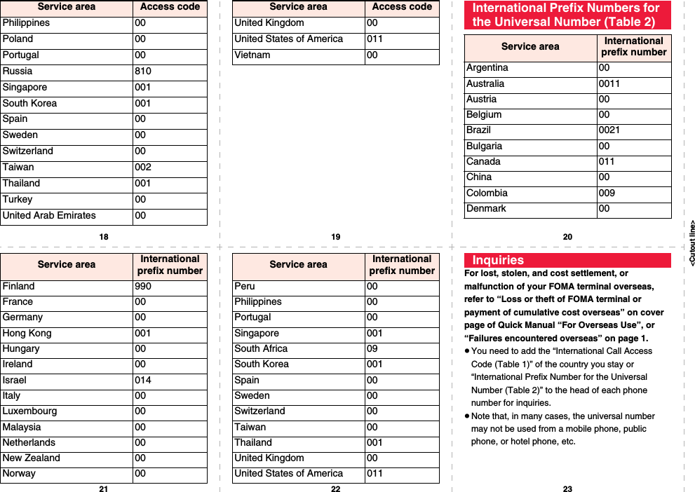 &lt;Cutout line&gt;18 19 2021 22 23Philippines 00Poland 00Portugal 00Russia 810Singapore 001South Korea 001Spain 00Sweden 00Switzerland 00Taiwan 002Thailand 001Turkey 00United Arab Emirates 00Service area Access codeUnited Kingdom 00United States of America 011Vietnam 00Service area Access code International Prefix Numbers for the Universal Number (Table 2)Service area International prefix numberArgentina 00Australia 0011Austria 00Belgium 00Brazil 0021Bulgaria 00Canada 011China 00Colombia 009Denmark 00Finland 990France 00Germany 00Hong Kong 001Hungary 00Ireland 00Israel 014Italy 00Luxembourg 00Malaysia 00Netherlands 00New Zealand 00Norway 00Service area International prefix numberPeru 00Philippines 00Portugal 00Singapore 001South Africa 09South Korea 001Spain 00Sweden 00Switzerland 00Taiwan 00Thailand 001United Kingdom 00United States of America 011Service area International prefix number For lost, stolen, and cost settlement, or malfunction of your FOMA terminal overseas, refer to “Loss or theft of FOMA terminal or payment of cumulative cost overseas” on cover page of Quick Manual “For Overseas Use”, or “Failures encountered overseas” on page 1.pYou need to add the “International Call Access Code (Table 1)” of the country you stay or “International Prefix Number for the Universal Number (Table 2)” to the head of each phone number for inquiries.pNote that, in many cases, the universal number may not be used from a mobile phone, public phone, or hotel phone, etc.Inquiries