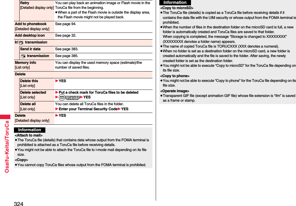 324Osaifu-Keitai/ToruCaRetry[Detailed display only]You can play back an animation image or Flash movie in the ToruCa file from the beginning.pWhen a part of the Flash movie is outside the display area, the Flash movie might not be played back.Add to phonebook[Detailed display only]See page 94.Add desktop icon See page 32.Ir/  transmissionSend Ir data See page 383. transmission See page 385.Memory info[List only]You can display the used memory space (estimate)/the number of saved files.DeleteDelete this[List only]YESDelete selected[List only]Put a check mark for ToruCa files to be deletedl()YESDelete all[List only]You can delete all ToruCa files in the folder.Enter your Terminal Security CodeYESDelete[Detailed display only]YESInformation&lt;Attach to mail&gt;pThe ToruCa file (details) that contains data whose output from the FOMA terminal is prohibited is attached as a ToruCa file before receiving details.pYou might not be able to attach the ToruCa file to i-mode mail depending on its file size.&lt;Copy&gt;pYou cannot copy ToruCa files whose output from the FOMA terminal is prohibited.&lt;Copy to microSD&gt;pThe ToruCa file (details) is copied as a ToruCa file before receiving details if it contains the data file with the UIM security or whose output from the FOMA terminal is prohibited.pWhen the number of files in the destination folder on the microSD card is full, a new folder is automatically created and ToruCa files are saved to that folder.When copying is completed, the message “Storage is changed to XXXXXXXX” (XXXXXXXX denotes a folder name) appears.pThe name of copied ToruCa file is TORUCXXX (XXX denotes a numeral).pWhen no folder is set as a destination folder on the microSD card, a new folder is created automatically and the file is saved to the folder. After saving, the newly created folder is set as the destination folder.pYou might not be able to execute “Copy to microSD” for the ToruCa file depending on its file size.&lt;Copy to phone&gt;pYou might not be able to execute “Copy to phone” for the ToruCa file depending on its file size.&lt;Operate image&gt;pTransparent GIF file (except animation GIF file) whose file extension is “ifm” is saved as a frame or stamp.Information