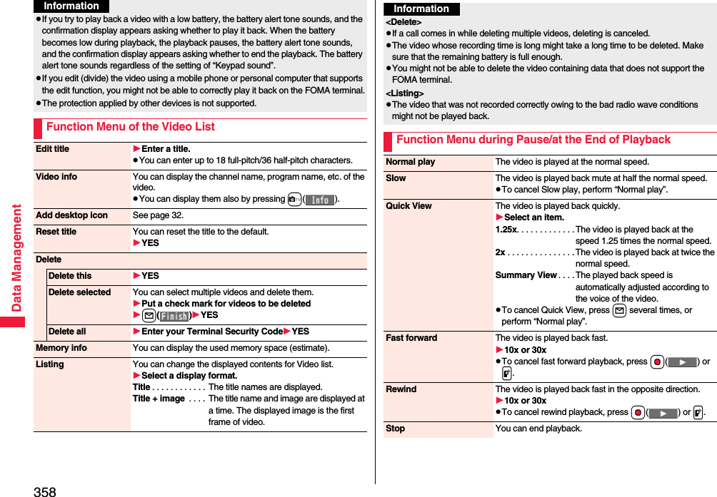 358Data ManagementpIf you try to play back a video with a low battery, the battery alert tone sounds, and the confirmation display appears asking whether to play it back. When the battery becomes low during playback, the playback pauses, the battery alert tone sounds, and the confirmation display appears asking whether to end the playback. The battery alert tone sounds regardless of the setting of “Keypad sound”.pIf you edit (divide) the video using a mobile phone or personal computer that supports the edit function, you might not be able to correctly play it back on the FOMA terminal.pThe protection applied by other devices is not supported.Function Menu of the Video ListInformationEdit title Enter a title.pYou can enter up to 18 full-pitch/36 half-pitch characters.Video info You can display the channel name, program name, etc. of the video.pYou can display them also by pressing c().Add desktop icon See page 32.Reset title You can reset the title to the default.YESDeleteDelete this YESDelete selected You can select multiple videos and delete them.Put a check mark for videos to be deletedl()YESDelete all Enter your Terminal Security CodeYESMemory info You can display the used memory space (estimate).Listing You can change the displayed contents for Video list.Select a display format.Title . . . . . . . . . . . . The title names are displayed.Title + image  . . . .  The title name and image are displayed at a time. The displayed image is the first frame of video.Information&lt;Delete&gt;pIf a call comes in while deleting multiple videos, deleting is canceled.pThe video whose recording time is long might take a long time to be deleted. Make sure that the remaining battery is full enough.pYou might not be able to delete the video containing data that does not support the FOMA terminal.&lt;Listing&gt;pThe video that was not recorded correctly owing to the bad radio wave conditions might not be played back.Function Menu during Pause/at the End of PlaybackNormal play The video is played at the normal speed.Slow The video is played back mute at half the normal speed.pTo cancel Slow play, perform “Normal play”.Quick View The video is played back quickly.Select an item.1.25x. . . . . . . . . . . . . The video is played back at the speed 1.25 times the normal speed.2x . . . . . . . . . . . . . . .The video is played back at twice the normal speed.Summary View . . . . The played back speed is automatically adjusted according to the voice of the video.pTo cancel Quick View, press l several times, or perform “Normal play”.Fast forward The video is played back fast.10x or 30xpTo cancel fast forward playback, press Oo() or p.Rewind The video is played back fast in the opposite direction.10x or 30xpTo cancel rewind playback, press Oo() or p.Stop You can end playback.