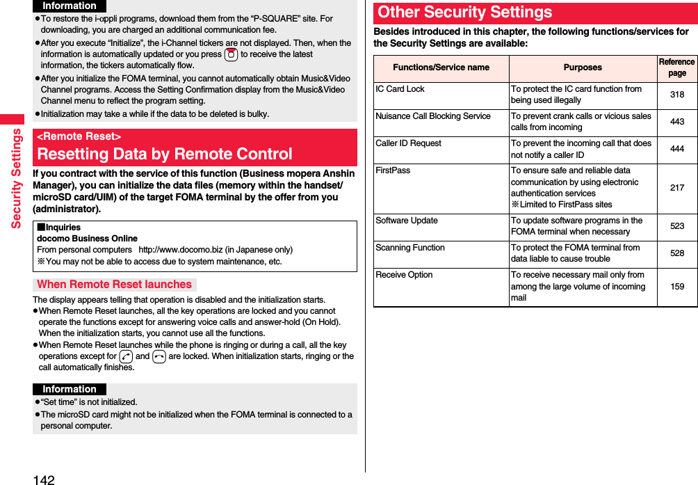 142Security SettingsIf you contract with the service of this function (Business mopera Anshin Manager), you can initialize the data files (memory within the handset/microSD card/UIM) of the target FOMA terminal by the offer from you (administrator).The display appears telling that operation is disabled and the initialization starts.pWhen Remote Reset launches, all the key operations are locked and you cannot operate the functions except for answering voice calls and answer-hold (On Hold). When the initialization starts, you cannot use all the functions.pWhen Remote Reset launches while the phone is ringing or during a call, all the key operations except for d and h are locked. When initialization starts, ringing or the call automatically finishes.pTo restore the i-αppli programs, download them from the “P-SQUARE” site. For downloading, you are charged an additional communication fee.pAfter you execute “Initialize”, the i-Channel tickers are not displayed. Then, when the information is automatically updated or you press *Zo to receive the latest information, the tickers automatically flow.pAfter you initialize the FOMA terminal, you cannot automatically obtain Music&amp;Video Channel programs. Access the Setting Confirmation display from the Music&amp;Video Channel menu to reflect the program setting.pInitialization may take a while if the data to be deleted is bulky.&lt;Remote Reset&gt;Resetting Data by Remote ControlInformation■Inquiriesdocomo Business OnlineFrom personal computers   http://www.docomo.biz (in Japanese only)※You may not be able to access due to system maintenance, etc. When Remote Reset launchesInformationp“Set time” is not initialized.pThe microSD card might not be initialized when the FOMA terminal is connected to a personal computer.Besides introduced in this chapter, the following functions/services for the Security Settings are available:Other Security SettingsFunctions/Service name PurposesReference pageIC Card Lock To protect the IC card function from being used illegally 318Nuisance Call Blocking Service To prevent crank calls or vicious sales calls from incoming 443Caller ID Request To prevent the incoming call that does not notify a caller ID 444FirstPass To ensure safe and reliable data communication by using electronic authentication services※Limited to FirstPass sites217Software Update To update software programs in the FOMA terminal when necessary 523Scanning Function To protect the FOMA terminal from data liable to cause trouble 528Receive Option To receive necessary mail only from among the large volume of incoming mail159