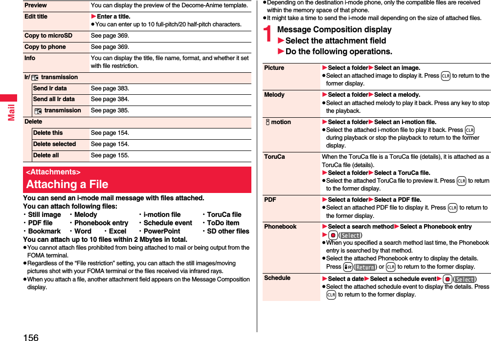 156MailYou can send an i-mode mail message with files attached.You can attach following files:・Still image ・Melody ・i-motion file ・ToruCa file・PDF file ・Phonebook entry ・Schedule event ・ToDo item・Bookmark ・Word ・Excel ・PowerPoint ・SD other filesYou can attach up to 10 files within 2 Mbytes in total.pYou cannot attach files prohibited from being attached to mail or being output from the FOMA terminal.pRegardless of the “File restriction” setting, you can attach the still images/moving pictures shot with your FOMA terminal or the files received via infrared rays.pWhen you attach a file, another attachment field appears on the Message Composition display.Preview You can display the preview of the Decome-Anime template.Edit title Enter a title.pYou can enter up to 10 full-pitch/20 half-pitch characters.Copy to microSD See page 369.Copy to phone See page 369.Info You can display the title, file name, format, and whether it set with file restriction.Ir/  transmissionSend Ir data See page 383.Send all Ir data See page 384. transmission See page 385.DeleteDelete this See page 154.Delete selected See page 154.Delete all See page 155.&lt;Attachments&gt;Attaching a FilepDepending on the destination i-mode phone, only the compatible files are received within the memory space of that phone.pIt might take a time to send the i-mode mail depending on the size of attached files. 1Message Composition displaySelect the attachment fieldDo the following operations.Picture Select a folderSelect an image.pSelect an attached image to display it. Press r to return to the former display.Melody Select a folderSelect a melody.pSelect an attached melody to play it back. Press any key to stop the playback. imotion Select a folderSelect an i-motion file.pSelect the attached i-motion file to play it back. Press r during playback or stop the playback to return to the former display.ToruCa When the ToruCa file is a ToruCa file (details), it is attached as a ToruCa file (details).Select a folderSelect a ToruCa file.pSelect the attached ToruCa file to preview it. Press r to return to the former display.PDF Select a folderSelect a PDF file.pSelect an attached PDF file to display it. Press r to return to the former display.Phonebook Select a search methodSelect a Phonebook entryOo()pWhen you specified a search method last time, the Phonebook entry is searched by that method.pSelect the attached Phonebook entry to display the details. Press i() or r to return to the former display.Schedule Select a dateSelect a schedule eventOo()pSelect the attached schedule event to display the details. Press r to return to the former display.