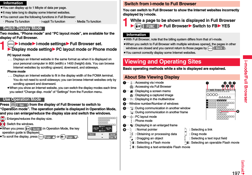 197i-mode/Full BrowserTwo modes, “Phone mode” and “PC layout mode”, are available for the display of Full Browser.1mi-modei-mode settingsFull Browser set.Display mode settingPC layout mode or Phone modePC layout mode . . . Displays an Internet website in the same format as when it is displayed on your personal computer in 800 (width) x 1400 (height) dots. You can browse Internet websites by scrolling upward, downward, and sideways.Phone mode . . . Displays an Internet website to fit in the display width of the FOMA terminal. You do not need to scroll sideways; you can browse Internet websites only by scrolling upward and downward.pWhen you show an Internet website, you can switch the display modes each time you select “Change disp. mode” of “Settings” from the Function menu.Press l( ) from the display of Full Browser to switch to “Operation mode”. The operation palette is displayed in Operation Mode, and you can enlarge/reduce the display size and switch the windows.Bo: Enlarges/reduces the display size.No: Switch the windows.pWhen you press i( ) in Operation Mode, the key operation guide is displayed.pTo scroll the display, press m() or c().InformationpYou can display up to 1 Mbyte of data per page.pIt may take long to display some Internet websites.pYou cannot use the following functions in Full Browser:・Phone To function ・i-αppli To function ・Media To functionSwitch Display ModeUse Operation ModeYou can switch to Full Browser to show the Internet websites incorrectly displayed by i-mode.1While a page to be shown is displayed in Full Browseri()Full BrowserSwitch to FBYESBasic operating methods while a site is displayed are explained.…: Accessing via i-mode: Accessing via Full Browser…: Displaying a screen memo: Displaying a captured image…: Displaying in the multiwindow…Window number/Number of windows…: During communication in another window: During communication in another frame…: PC layout mode: Phone mode…: Displaying in an enlarged frame…: Normal pointer : Selecting a link: Obtaining or processing data : Drag mode: Dragging an object : Selecting a text input field: Selecting a Flash movie : Selecting an operable Flash movie: Selecting a text-enterable Flash movieSwitch from i-mode to Full BrowserInformationpWith Full Browser, note that the billing system differs from that of i-mode.pWhen you switch to Full Browser with multiple windows opened, the pages in other windows are closed and you cannot return to those pages by -m().pYou cannot correctly display some Internet websites.Viewing and Operating SitesAbout Site Viewing Display