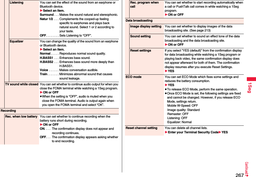 2671SegListening You can set the effect of the sound from an earphone or Bluetooth device.Select an item.Surround . . . Makes the sound natural and stereophonic.Natur 1/2  . . . Complements the cooped-up feeling specific to earphones and plays back natural sound. Select 1 or 2 according to your taste.OFF. . . . . . . . Sets Listening to “OFF”.Equalizer You can change the quality of the sound from an earphone or Bluetooth device.Select an item.Normal . . . . . Reproduces normal sound quality.H.BASS1 . . . Enhances bass sound.H.BASS2 . . . Enhances bass sound more deeply than H.BASS1.Voice  . . . . . . Makes conversation audible.Train . . . . . . . Minimizes abnormal sound that causes sound leakage.TV sound while closed You can set whether to continue audio output for when you close the FOMA terminal while watching a 1Seg program.ON or OFFpWhen the setting is “OFF”, audio is muted when you close the FOMA terminal. Audio is output again when you open the FOMA terminal and select “OK”.RecordingRec. when low battery You can set whether to continue recording when the battery runs short during recording.ON or OFFON. . . .  The confirmation display does not appear and recording continues.OFF. . .  The confirmation display appears asking whether to end recording.Rec. program when callYou can set whether to start recording automatically when a call or PushTalk call comes in while watching a 1Seg program.ON or OFFData broadcastingImage display setting You can set whether to display images of the data broadcasting site. (See page 213)Sound setting You can set whether to sound an effect tone of the data broadcasting and the data broadcasting site.ON or OFFReset settings If you select “YES (default)” from the confirmation display for data broadcasting while watching a 1Seg program or playing back video, the same confirmation display does not appear afterward for both of them. The confirmation display resumes after you execute Reset Settings.YESECO mode You can set ECO Mode which fixes some settings and reduces the battery consumption.YESpTo release ECO Mode, perform the same operation.pOnce ECO Mode is set, the following settings are fixed and cannot be changed. However, if you release ECO Mode, settings return.Mobile W-Speed: OFFImage quality: StandardRemaster: OFFListening: OFFEqualizer: NormalReset channel setting You can delete all channel lists.Enter your Terminal Security CodeYES