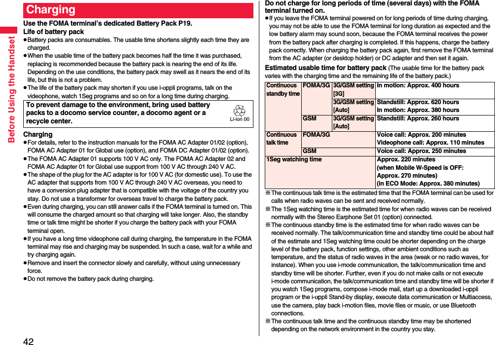 42Before Using the HandsetUse the FOMA terminal’s dedicated Battery Pack P19.Life of battery packpBattery packs are consumables. The usable time shortens slightly each time they are charged.pWhen the usable time of the battery pack becomes half the time it was purchased, replacing is recommended because the battery pack is nearing the end of its life. Depending on the use conditions, the battery pack may swell as it nears the end of its life, but this is not a problem.pThe life of the battery pack may shorten if you use i-αppli programs, talk on the videophone, watch 1Seg programs and so on for a long time during charging.ChargingpFor details, refer to the instruction manuals for the FOMA AC Adapter 01/02 (option), FOMA AC Adapter 01 for Global use (option), and FOMA DC Adapter 01/02 (option).pThe FOMA AC Adapter 01 supports 100 V AC only. The FOMA AC Adapter 02 and FOMA AC Adapter 01 for Global use support from 100 V AC through 240 V AC.pThe shape of the plug for the AC adapter is for 100 V AC (for domestic use). To use the AC adapter that supports from 100 V AC through 240 V AC overseas, you need to have a conversion plug adapter that is compatible with the voltage of the country you stay. Do not use a transformer for overseas travel to charge the battery pack.pEven during charging, you can still answer calls if the FOMA terminal is turned on. This will consume the charged amount so that charging will take longer. Also, the standby time or talk time might be shorter if you charge the battery pack with your FOMA terminal open.pIf you have a long time videophone call during charging, the temperature in the FOMA terminal may rise and charging may be suspended. In such a case, wait for a while and try charging again.pRemove and insert the connector slowly and carefully, without using unnecessary force.pDo not remove the battery pack during charging.ChargingTo prevent damage to the environment, bring used battery packs to a docomo service counter, a docomo agent or a recycle center.Li-ion 00Do not charge for long periods of time (several days) with the FOMA terminal turned on.pIf you leave the FOMA terminal powered on for long periods of time during charging, you may not be able to use the FOMA terminal for long duration as expected and the low battery alarm may sound soon, because the FOMA terminal receives the power from the battery pack after charging is completed. If this happens, charge the battery pack correctly. When charging the battery pack again, first remove the FOMA terminal from the AC adapter (or desktop holder) or DC adapter and then set it again.Estimated usable time for battery pack (The usable time for the battery pack varies with the charging time and the remaining life of the battery pack.)※The continuous talk time is the estimated time that the FOMA terminal can be used for calls when radio waves can be sent and received normally.※The 1Seg watching time is the estimated time for when radio waves can be received normally with the Stereo Earphone Set 01 (option) connected.※The continuous standby time is the estimated time for when radio waves can be received normally. The talk/communication time and standby time could be about half of the estimate and 1Seg watching time could be shorter depending on the charge level of the battery pack, function settings, other ambient conditions such as temperature, and the status of radio waves in the area (weak or no radio waves, for instance). When you use i-mode communication, the talk/communication time and standby time will be shorter. Further, even if you do not make calls or not execute i-mode communication, the talk/communication time and standby time will be shorter if you watch 1Seg programs, compose i-mode mail, start up a downloaded i-αppli program or the i-αppli Stand-by display, execute data communication or Multiaccess, use the camera, play back i-motion files, movie files or music, or use Bluetooth connections.※The continuous talk time and the continuous standby time may be shortened depending on the network environment in the country you stay.Continuous standby timeFOMA/3G3G/GSM setting[3G]In motion: Approx. 400 hours3G/GSM setting[Auto]Standstill: Approx. 620 hoursIn motion: Approx. 380 hoursGSM3G/GSM setting[Auto]Standstill: Approx. 260 hoursContinuous talk timeFOMA/3G Voice call: Approx. 200 minutesVideophone call: Approx. 110 minutesGSM Voice call: Approx. 250 minutes1Seg watching time Approx. 220 minutes(when Mobile W-Speed is OFF: Approx. 270 minutes)(in ECO Mode: Approx. 380 minutes)