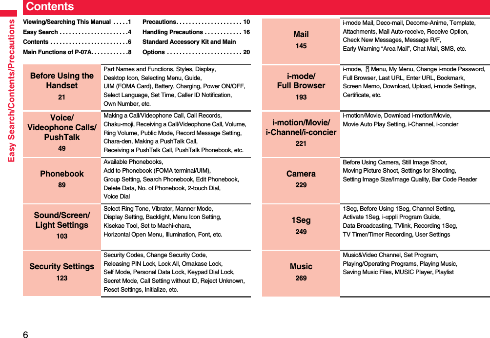 6Easy Search/Contents/PrecautionsContentsViewing/Searching This Manual  . . . . .1Easy Search . . . . . . . . . . . . . . . . . . . . . .4Contents . . . . . . . . . . . . . . . . . . . . . . . . .6Main Functions of P-07A. . . . . . . . . . . .8Precautions. . . . . . . . . . . . . . . . . . . . . 10Handling Precautions . . . . . . . . . . . . 16Standard Accessory Kit and Main Options  . . . . . . . . . . . . . . . . . . . . . . . . 20Before Using the Handset21Part Names and Functions, Styles, Display, Desktop Icon, Selecting Menu, Guide, UIM (FOMA Card), Battery, Charging, Power ON/OFF, Select Language, Set Time, Caller ID Notification, Own Number, etc.Voice/Videophone Calls/PushTalk49Making a Call/Videophone Call, Call Records, Chaku-moji, Receiving a Call/Videophone Call, Volume, Ring Volume, Public Mode, Record Message Setting, Chara-den, Making a PushTalk Call, Receiving a PushTalk Call, PushTalk Phonebook, etc.Phonebook89Available Phonebooks, Add to Phonebook (FOMA terminal/UIM), Group Setting, Search Phonebook, Edit Phonebook, Delete Data, No. of Phonebook, 2-touch Dial, Voice DialSound/Screen/Light Settings103Select Ring Tone, Vibrator, Manner Mode, Display Setting, Backlight, Menu Icon Setting, Kisekae Tool, Set to Machi-chara, Horizontal Open Menu, Illumination, Font, etc.Security Settings123Security Codes, Change Security Code, Releasing PIN Lock, Lock All, Omakase Lock, Self Mode, Personal Data Lock, Keypad Dial Lock, Secret Mode, Call Setting without ID, Reject Unknown, Reset Settings, Initialize, etc.Mail145i-mode Mail, Deco-mail, Decome-Anime, Template, Attachments, Mail Auto-receive, Receive Option, Check New Messages, Message R/F, Early Warning “Area Mail”, Chat Mail, SMS, etc.i-mode/Full Browser193i-mode, iMenu, My Menu, Change i-mode Password, Full Browser, Last URL, Enter URL, Bookmark, Screen Memo, Download, Upload, i-mode Settings, Certificate, etc.i-motion/Movie/i-Channel/i-concier221i-motion/Movie, Download i-motion/Movie,Movie Auto Play Setting, i-Channel, i-concierCamera229Before Using Camera, Still Image Shoot, Moving Picture Shoot, Settings for Shooting, Setting Image Size/Image Quality, Bar Code Reader1Seg2491Seg, Before Using 1Seg, Channel Setting, Activate 1Seg, i-αppli Program Guide, Data Broadcasting, TVlink, Recording 1Seg, TV Timer/Timer Recording, User SettingsMusic269Music&amp;Video Channel, Set Program, Playing/Operating Programs, Playing Music, Saving Music Files, MUSIC Player, Playlist