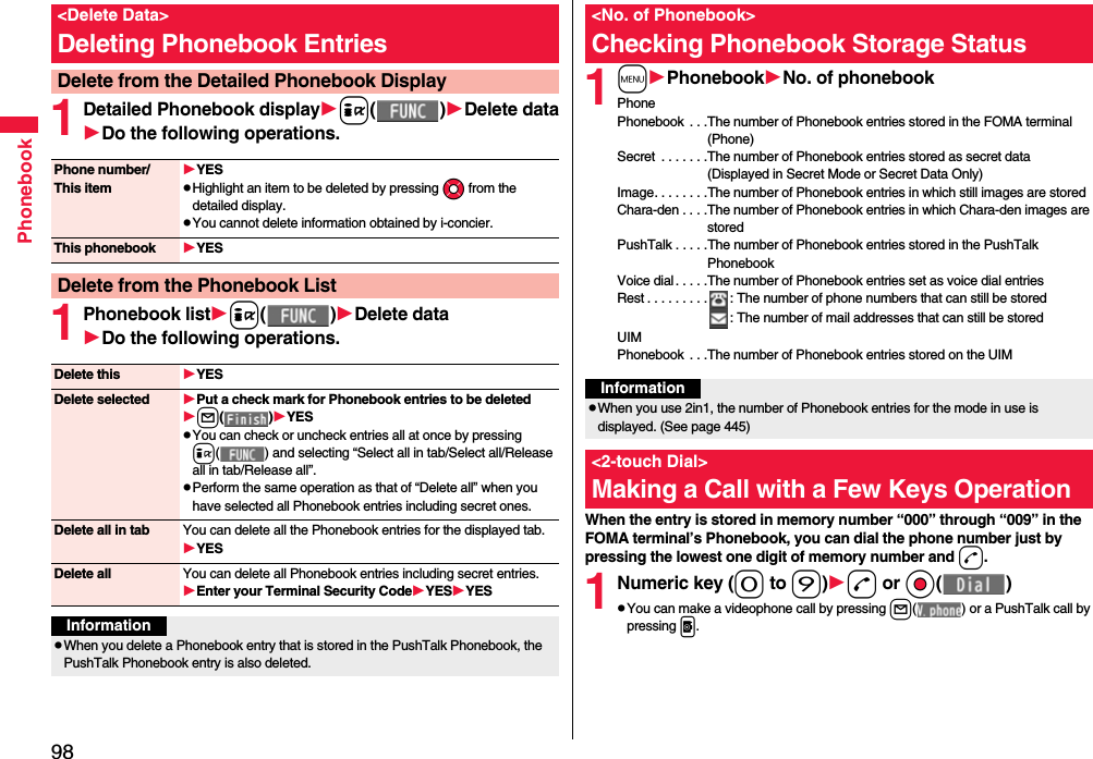 98Phonebook1Detailed Phonebook displayi( )Delete dataDo the following operations.1Phonebook listi( )Delete dataDo the following operations.&lt;Delete Data&gt;Deleting Phonebook EntriesDelete from the Detailed Phonebook DisplayPhone number/This itemYESpHighlight an item to be deleted by pressing Mo from the detailed display.pYou cannot delete information obtained by i-concier.This phonebook YESDelete from the Phonebook ListDelete this YESDelete selected Put a check mark for Phonebook entries to be deletedl( )YESpYou can check or uncheck entries all at once by pressing i( ) and selecting “Select all in tab/Select all/Release all in tab/Release all”.pPerform the same operation as that of “Delete all” when you have selected all Phonebook entries including secret ones.Delete all in tab You can delete all the Phonebook entries for the displayed tab.YESDelete all You can delete all Phonebook entries including secret entries.Enter your Terminal Security CodeYESYESInformationpWhen you delete a Phonebook entry that is stored in the PushTalk Phonebook, the PushTalk Phonebook entry is also deleted.1mPhonebookNo. of phonebookPhonePhonebook  . . .The number of Phonebook entries stored in the FOMA terminal (Phone) Secret  . . . . . . .The number of Phonebook entries stored as secret data (Displayed in Secret Mode or Secret Data Only)Image. . . . . . . .The number of Phonebook entries in which still images are storedChara-den . . . .The number of Phonebook entries in which Chara-den images are storedPushTalk . . . . .The number of Phonebook entries stored in the PushTalk PhonebookVoice dial. . . . .The number of Phonebook entries set as voice dial entriesRest . . . . . . . . . : The number of phone numbers that can still be stored: The number of mail addresses that can still be storedUIMPhonebook  . . .The number of Phonebook entries stored on the UIMWhen the entry is stored in memory number “000” through “009” in the FOMA terminal’s Phonebook, you can dial the phone number just by pressing the lowest one digit of memory number and d.1Numeric key (0 to 9)d or Oo( )pYou can make a videophone call by pressing l( ) or a PushTalk call by pressing p.&lt;No. of Phonebook&gt;Checking Phonebook Storage StatusInformationpWhen you use 2in1, the number of Phonebook entries for the mode in use is displayed. (See page 445)&lt;2-touch Dial&gt;Making a Call with a Few Keys Operation