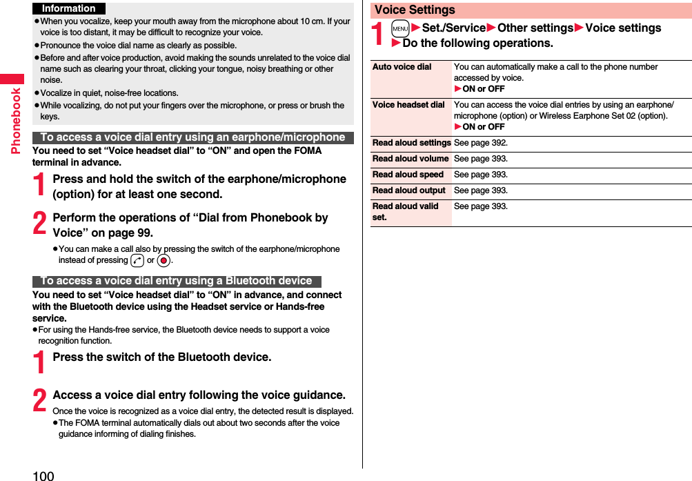 100PhonebookYou need to set “Voice headset dial” to “ON” and open the FOMA terminal in advance.1Press and hold the switch of the earphone/microphone (option) for at least one second.2Perform the operations of “Dial from Phonebook by Voice” on page 99.pYou can make a call also by pressing the switch of the earphone/microphone instead of pressing d or Oo.You need to set “Voice headset dial” to “ON” in advance, and connect with the Bluetooth device using the Headset service or Hands-free service.pFor using the Hands-free service, the Bluetooth device needs to support a voice recognition function.1Press the switch of the Bluetooth device.2Access a voice dial entry following the voice guidance.Once the voice is recognized as a voice dial entry, the detected result is displayed.pThe FOMA terminal automatically dials out about two seconds after the voice guidance informing of dialing finishes.InformationpWhen you vocalize, keep your mouth away from the microphone about 10 cm. If your voice is too distant, it may be difficult to recognize your voice.pPronounce the voice dial name as clearly as possible.pBefore and after voice production, avoid making the sounds unrelated to the voice dial name such as clearing your throat, clicking your tongue, noisy breathing or other noise.pVocalize in quiet, noise-free locations.pWhile vocalizing, do not put your fingers over the microphone, or press or brush the keys.To access a voice dial entry using an earphone/microphoneTo access a voice dial entry using a Bluetooth device1mSet./ServiceOther settingsVoice settingsDo the following operations.Voice SettingsAuto voice dial You can automatically make a call to the phone number accessed by voice.ON or OFFVoice headset dial You can access the voice dial entries by using an earphone/microphone (option) or Wireless Earphone Set 02 (option).ON or OFFRead aloud settings See page 392.Read aloud volume See page 393.Read aloud speed See page 393.Read aloud output See page 393.Read aloud valid set.See page 393.