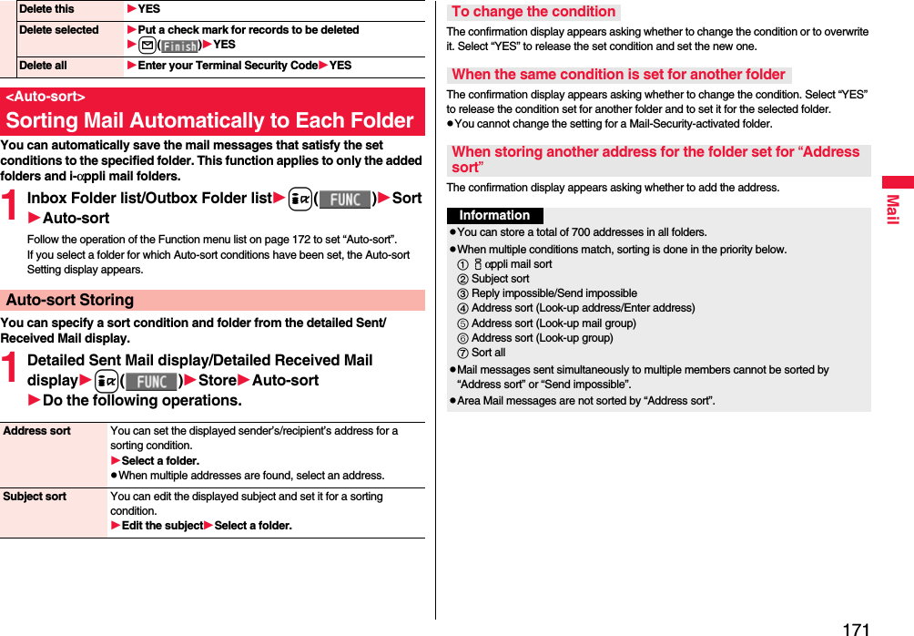 171MailYou can automatically save the mail messages that satisfy the set conditions to the specified folder. This function applies to only the added folders and i-αppli mail folders.1Inbox Folder list/Outbox Folder listi( )SortAuto-sortFollow the operation of the Function menu list on page 172 to set “Auto-sort”.If you select a folder for which Auto-sort conditions have been set, the Auto-sort Setting display appears.You can specify a sort condition and folder from the detailed Sent/Received Mail display.1Detailed Sent Mail display/Detailed Received Mail displayi( )StoreAuto-sortDo the following operations.Delete this YESDelete selected Put a check mark for records to be deletedl( )YESDelete all Enter your Terminal Security CodeYES&lt;Auto-sort&gt;Sorting Mail Automatically to Each FolderAuto-sort StoringAddress sort You can set the displayed sender’s/recipient’s address for a sorting condition.Select a folder.pWhen multiple addresses are found, select an address.Subject sort You can edit the displayed subject and set it for a sorting condition.Edit the subjectSelect a folder.The confirmation display appears asking whether to change the condition or to overwrite it. Select “YES” to release the set condition and set the new one.The confirmation display appears asking whether to change the condition. Select “YES” to release the condition set for another folder and to set it for the selected folder.pYou cannot change the setting for a Mail-Security-activated folder.The confirmation display appears asking whether to add the address.To change the conditionWhen the same condition is set for another folderWhen storing another address for the folder set for “Address sort”InformationpYou can store a total of 700 addresses in all folders. pWhen multiple conditions match, sorting is done in the priority below. iαppli mail sort Subject sort Reply impossible/Send impossible Address sort (Look-up address/Enter address) Address sort (Look-up mail group) Address sort (Look-up group) Sort allpMail messages sent simultaneously to multiple members cannot be sorted by “Address sort” or “Send impossible”.pArea Mail messages are not sorted by “Address sort”.