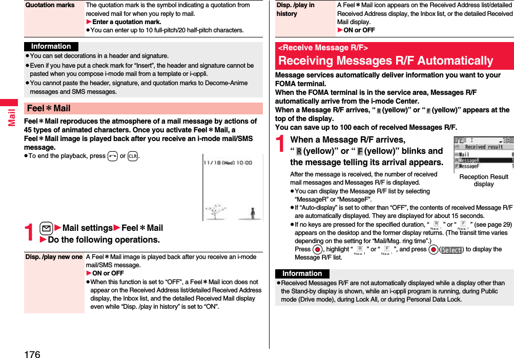 176MailFeel＊Mail reproduces the atmosphere of a mail message by actions of 45 types of animated characters. Once you activate Feel＊Mail, a Feel＊Mail image is played back after you receive an i-mode mail/SMS message.pTo end the playback, press h or r.1lMail settingsFeel＊MailDo the following operations.Quotation marks The quotation mark is the symbol indicating a quotation from received mail for when you reply to mail.Enter a quotation mark.pYou can enter up to 10 full-pitch/20 half-pitch characters.InformationpYou can set decorations in a header and signature.pEven if you have put a check mark for “Insert”, the header and signature cannot be pasted when you compose i-mode mail from a template or i-αppli.pYou cannot paste the header, signature, and quotation marks to Decome-Anime messages and SMS messages.Feel＊MailDisp. /play new one A Feel＊Mail image is played back after you receive an i-mode mail/SMS message.ON or OFFpWhen this function is set to “OFF”, a Feel＊Mail icon does not appear on the Received Address list/detailed Received Address display, the Inbox list, and the detailed Received Mail display even while “Disp. /play in history” is set to “ON”.Message services automatically deliver information you want to your FOMA terminal.When the FOMA terminal is in the service area, Messages R/F automatically arrive from the i-mode Center.When a Message R/F arrives, “ (yellow)” or “ (yellow)” appears at the top of the display.You can save up to 100 each of received Messages R/F.1When a Message R/F arrives, “ (yellow)” or “ (yellow)” blinks and the message telling its arrival appears.After the message is received, the number of received mail messages and Messages R/F is displayed.pYou can display the Message R/F list by selecting “MessageR” or “MessageF”.pIf “Auto-display” is set to other than “OFF”, the contents of received Message R/F are automatically displayed. They are displayed for about 15 seconds.pIf no keys are pressed for the specified duration, “ ” or “ ” (see page 29) appears on the desktop and the former display returns. (The transit time varies depending on the setting for “Mail/Msg. ring time”.) Press Oo, highlight “ ” or “ ”, and press Oo( ) to display the Message R/F list.Disp. /play in historyA Feel＊Mail icon appears on the Received Address list/detailed Received Address display, the Inbox list, or the detailed Received Mail display.ON or OFF&lt;Receive Message R/F&gt;Receiving Messages R/F AutomaticallyReception Result displayInformationpReceived Messages R/F are not automatically displayed while a display other than the Stand-by display is shown, while an i-αppli program is running, during Public mode (Drive mode), during Lock All, or during Personal Data Lock.