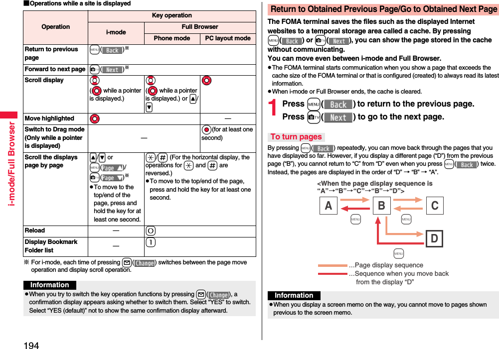 194i-mode/Full Browser■Operations while a site is displayed※For i-mode, each time of pressing l( ) switches between the page move operation and display scroll operation.OperationKey operationi-mode Full BrowserPhone mode PC layout modeReturn to previous pagem( )※Forward to next page c( )※Scroll display Bo(Mo while a pointer is displayed.)Bo(Mo while a pointer is displayed.) or &lt;/&gt;MoMove highlighted Mo—Switch to Drag mode(Only while a pointer is displayed)—Oo(for at least one second)Scroll the displays page by page&lt;/&gt; or m( )/c( )※pTo move to the top/end of the page, press and hold the key for at least one second.a/s (For the horizontal display, the operations for a and s are reversed.)pTo move to the top/end of the page, press and hold the key for at least one second.Reload —0Display Bookmark Folder list —1InformationpWhen you try to switch the key operation functions by pressing +l( ), a confirmation display appears asking whether to switch them. Select “YES” to switch. Select “YES (default)” not to show the same confirmation display afterward.The FOMA terminal saves the files such as the displayed Internet websites to a temporal storage area called a cache. By pressing m( ) or c( ), you can show the page stored in the cache without communicating.You can move even between i-mode and Full Browser.pThe FOMA terminal starts communication when you show a page that exceeds the cache size of the FOMA terminal or that is configured (created) to always read its latest information.pWhen i-mode or Full Browser ends, the cache is cleared.1Press m( ) to return to the previous page.Press c( ) to go to the next page. By pressing m( ) repeatedly, you can move back through the pages that you have displayed so far. However, if you display a different page (“D”) from the previous page (“B”), you cannot return to “C” from “D” even when you press m( ) twice. Instead, the pages are displayed in the order of “D” → “B” → “A”.Return to Obtained Previous Page/Go to Obtained Next PageTo turn pages&lt;When the page display sequence is“A”→“B”→“C”→“B”→“D”&gt;…Page display sequence…Sequence when you move back     from the display “D”A  B  C D m mmInformationpWhen you display a screen memo on the way, you cannot move to pages shown previous to the screen memo.