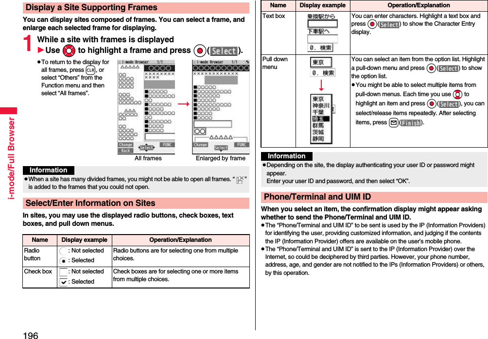 196i-mode/Full BrowserYou can display sites composed of frames. You can select a frame, and enlarge each selected frame for displaying.1While a site with frames is displayedUse Mo to highlight a frame and press Oo( ).pTo return to the display for all frames, press r, or select “Others” from the Function menu and then select “All frames”.In sites, you may use the displayed radio buttons, check boxes, text boxes, and pull down menus.Display a Site Supporting FramesAll frames Enlarged by frameInformationpWhen a site has many divided frames, you might not be able to open all frames. “ ” is added to the frames that you could not open.Select/Enter Information on SitesName Display example Operation/ExplanationRadio button: Not selected: SelectedRadio buttons are for selecting one from multiple choices.Check box : Not selected: SelectedCheck boxes are for selecting one or more items from multiple choices.When you select an item, the confirmation display might appear asking whether to send the Phone/Terminal and UIM ID.pThe “Phone/Terminal and UIM ID” to be sent is used by the IP (Information Providers) for identifying the user, providing customized information, and judging if the contents the IP (Information Provider) offers are available on the user’s mobile phone.pThe “Phone/Terminal and UIM ID” is sent to the IP (Information Provider) over the Internet, so could be deciphered by third parties. However, your phone number, address, age, and gender are not notified to the IPs (Information Providers) or others, by this operation.Text box You can enter characters. Highlight a text box and press Oo( ) to show the Character Entry display.Pull down menuYou can select an item from the option list. Highlight a pull-down menu and press Oo( ) to show the option list.pYou might be able to select multiple items from pull-down menus. Each time you use Bo to highlight an item and press Oo( ), you can select/release items repeatedly. After selecting items, press l( ).Name Display example Operation/ExplanationInformationpDepending on the site, the display authenticating your user ID or password might appear. Enter your user ID and password, and then select “OK”.Phone/Terminal and UIM ID