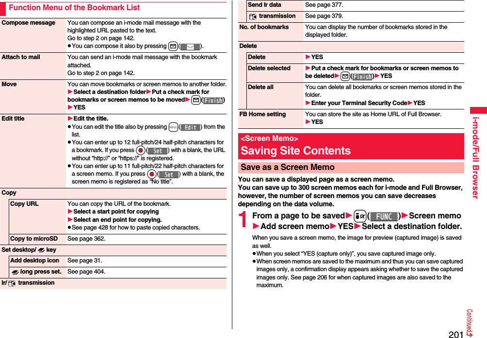 201i-mode/Full BrowserFunction Menu of the Bookmark ListCompose message You can compose an i-mode mail message with the highlighted URL pasted to the text.Go to step 2 on page 142.pYou can compose it also by pressing l( ).Attach to mail You can send an i-mode mail message with the bookmark attached.Go to step 2 on page 142.Move You can move bookmarks or screen memos to another folder.Select a destination folderPut a check mark for bookmarks or screen memos to be movedl( )YESEdit title Edit the title.pYou can edit the title also by pressing m( ) from the list.pYou can enter up to 12 full-pitch/24 half-pitch characters for a bookmark. If you press Oo( ) with a blank, the URL without “http://” or “https://” is registered. pYou can enter up to 11 full-pitch/22 half-pitch characters for a screen memo. If you press Oo( ) with a blank, the screen memo is registered as “No title”.CopyCopy URL You can copy the URL of the bookmark.Select a start point for copyingSelect an end point for copying.pSee page 428 for how to paste copied characters.Copy to microSD See page 362.Set desktop/ keyAdd desktop icon See page 31.long press set. See page 404.Ir/  transmissionYou can save a displayed page as a screen memo. You can save up to 300 screen memos each for i-mode and Full Browser, however, the number of screen memos you can save decreases depending on the data volume.1From a page to be savedi( )Screen memoAdd screen memoYESSelect a destination folder.When you save a screen memo, the image for preview (captured image) is saved as well.pWhen you select “YES (capture only)”, you save captured image only.pWhen screen memos are saved to the maximum and thus you can save captured images only, a confirmation display appears asking whether to save the captured images only. See page 206 for when captured images are also saved to the maximum.Send Ir data See page 377. transmission See page 379.No. of bookmarks You can display the number of bookmarks stored in the displayed folder.DeleteDelete YESDelete selected Put a check mark for bookmarks or screen memos to be deletedl( )YESDelete all You can delete all bookmarks or screen memos stored in the folder.Enter your Terminal Security CodeYESFB Home setting You can store the site as Home URL of Full Browser.YES&lt;Screen Memo&gt;Saving Site ContentsSave as a Screen Memo