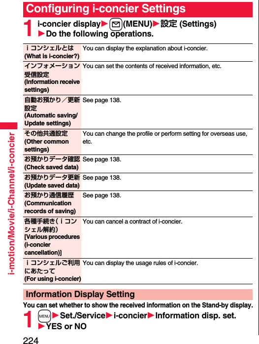 224i-motion/Movie/i-Channel/i-concier1i-concier displayl(MENU)設定 (Settings)Do the following operations.You can set whether to show the received information on the Stand-by display.1mSet./Servicei-concierInformation disp. set.YES or NOConfiguring i-concier Settingsｉコンシェルとは(What is i-concier?)You can display the explanation about i-concier.インフォメーション受信設定(Information receive settings)You can set the contents of received information, etc.自動お預かり／更新設定 (Automatic saving/Update settings)See page 138.その他共通設定(Other common settings)You can change the profile or perform setting for overseas use, etc.お預かりデータ確認(Check saved data)See page 138.お預かりデータ更新(Update saved data)See page 138.お預かり通信履歴(Communication records of saving)See page 138.各種手続き（ｉコンシェル解約）[Various procedures (i-concier cancellation)]You can cancel a contract of i-concier.ｉコンシェルご利用にあたって(For using i-concier)You can display the usage rules of i-concier.Information Display Setting