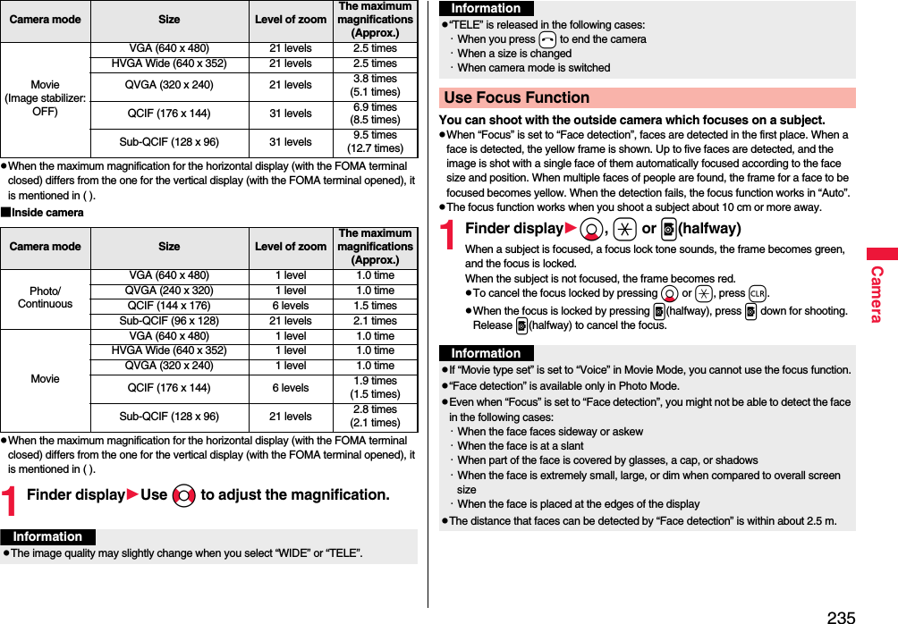 235CamerapWhen the maximum magnification for the horizontal display (with the FOMA terminal closed) differs from the one for the vertical display (with the FOMA terminal opened), it is mentioned in ( ).■Inside camera pWhen the maximum magnification for the horizontal display (with the FOMA terminal closed) differs from the one for the vertical display (with the FOMA terminal opened), it is mentioned in ( ).1Finder displayUse No to adjust the magnification.Movie(Image stabilizer:OFF)VGA (640 x 480) 21 levels 2.5 timesHVGA Wide (640 x 352) 21 levels 2.5 timesQVGA (320 x 240) 21 levels 3.8 times(5.1 times)QCIF (176 x 144) 31 levels 6.9 times(8.5 times)Sub-QCIF (128 x 96) 31 levels 9.5 times(12.7 times)Camera mode Size Level of zoomThe maximum magnifications(Approx.)Camera mode Size Level of zoomThe maximum magnifications(Approx.)Photo/ContinuousVGA (640 x 480) 1 level 1.0 timeQVGA (240 x 320) 1 level 1.0 timeQCIF (144 x 176) 6 levels 1.5 timesSub-QCIF (96 x 128) 21 levels 2.1 timesMovieVGA (640 x 480) 1 level 1.0 timeHVGA Wide (640 x 352) 1 level 1.0 timeQVGA (320 x 240) 1 level 1.0 timeQCIF (176 x 144) 6 levels 1.9 times(1.5 times)Sub-QCIF (128 x 96) 21 levels 2.8 times(2.1 times)InformationpThe image quality may slightly change when you select “WIDE” or “TELE”.You can shoot with the outside camera which focuses on a subject.pWhen “Focus” is set to “Face detection”, faces are detected in the first place. When a face is detected, the yellow frame is shown. Up to five faces are detected, and the image is shot with a single face of them automatically focused according to the face size and position. When multiple faces of people are found, the frame for a face to be focused becomes yellow. When the detection fails, the focus function works in “Auto”.pThe focus function works when you shoot a subject about 10 cm or more away.1Finder displayXo, a or p(halfway)When a subject is focused, a focus lock tone sounds, the frame becomes green, and the focus is locked.When the subject is not focused, the frame becomes red.pTo cancel the focus locked by pressing Xo or a, press r.pWhen the focus is locked by pressing p(halfway), press p down for shooting. Release p(halfway) to cancel the focus.p“TELE” is released in the following cases:・When you press -h to end the camera・When a size is changed・When camera mode is switchedUse Focus FunctionInformationInformationpIf “Movie type set” is set to “Voice” in Movie Mode, you cannot use the focus function.p“Face detection” is available only in Photo Mode.pEven when “Focus” is set to “Face detection”, you might not be able to detect the face in the following cases:・When the face faces sideway or askew・When the face is at a slant・When part of the face is covered by glasses, a cap, or shadows・When the face is extremely small, large, or dim when compared to overall screen size・When the face is placed at the edges of the displaypThe distance that faces can be detected by “Face detection” is within about 2.5 m.
