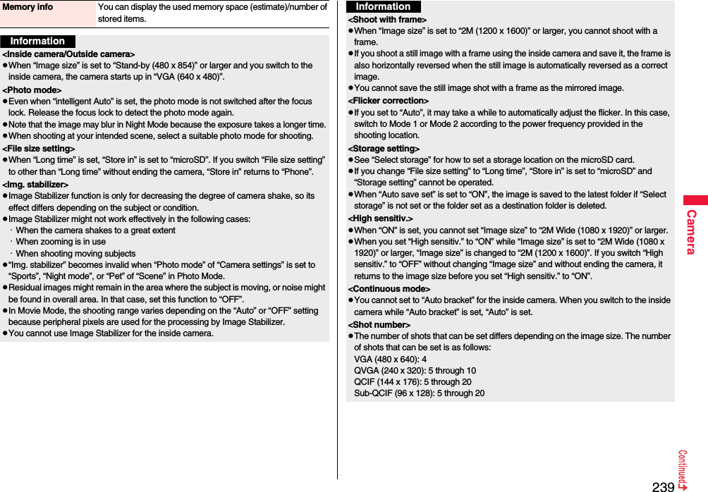 239CameraMemory info You can display the used memory space (estimate)/number of stored items.Information&lt;Inside camera/Outside camera&gt;pWhen “Image size” is set to “Stand-by (480 x 854)” or larger and you switch to the inside camera, the camera starts up in “VGA (640 x 480)”.&lt;Photo mode&gt;pEven when “intelligent Auto” is set, the photo mode is not switched after the focus lock. Release the focus lock to detect the photo mode again.pNote that the image may blur in Night Mode because the exposure takes a longer time.pWhen shooting at your intended scene, select a suitable photo mode for shooting.&lt;File size setting&gt;pWhen “Long time” is set, “Store in” is set to “microSD”. If you switch “File size setting” to other than “Long time” without ending the camera, “Store in” returns to “Phone”.&lt;Img. stabilizer&gt;pImage Stabilizer function is only for decreasing the degree of camera shake, so its effect differs depending on the subject or condition.pImage Stabilizer might not work effectively in the following cases:・When the camera shakes to a great extent・When zooming is in use・When shooting moving subjectsp“Img. stabilizer” becomes invalid when “Photo mode” of “Camera settings” is set to “Sports”, “Night mode”, or “Pet” of “Scene” in Photo Mode.pResidual images might remain in the area where the subject is moving, or noise might be found in overall area. In that case, set this function to “OFF”.pIn Movie Mode, the shooting range varies depending on the “Auto” or “OFF” setting because peripheral pixels are used for the processing by Image Stabilizer.pYou cannot use Image Stabilizer for the inside camera.&lt;Shoot with frame&gt;pWhen “Image size” is set to “2M (1200 x 1600)” or larger, you cannot shoot with a frame.pIf you shoot a still image with a frame using the inside camera and save it, the frame is also horizontally reversed when the still image is automatically reversed as a correct image.pYou cannot save the still image shot with a frame as the mirrored image.&lt;Flicker correction&gt;pIf you set to “Auto”, it may take a while to automatically adjust the flicker. In this case, switch to Mode 1 or Mode 2 according to the power frequency provided in the shooting location.&lt;Storage setting&gt;pSee “Select storage” for how to set a storage location on the microSD card.pIf you change “File size setting” to “Long time”, “Store in” is set to “microSD” and “Storage setting” cannot be operated.pWhen “Auto save set” is set to “ON”, the image is saved to the latest folder if “Select storage” is not set or the folder set as a destination folder is deleted.&lt;High sensitiv.&gt;pWhen “ON” is set, you cannot set “Image size” to “2M Wide (1080 x 1920)” or larger.pWhen you set “High sensitiv.” to “ON” while “Image size” is set to “2M Wide (1080 x 1920)” or larger, “Image size” is changed to “2M (1200 x 1600)”. If you switch “High sensitiv.” to “OFF” without changing “Image size” and without ending the camera, it returns to the image size before you set “High sensitiv.” to “ON”.&lt;Continuous mode&gt;pYou cannot set to “Auto bracket” for the inside camera. When you switch to the inside camera while “Auto bracket” is set, “Auto” is set. &lt;Shot number&gt;pThe number of shots that can be set differs depending on the image size. The number of shots that can be set is as follows:VGA (480 x 640): 4QVGA (240 x 320): 5 through 10QCIF (144 x 176): 5 through 20Sub-QCIF (96 x 128): 5 through 20Information