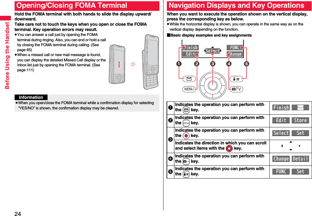 24Before Using the HandsetHold the FOMA terminal with both hands to slide the display upward/downward.Take care not to touch the keys when you open or close the FOMA terminal. Key operation errors may result.pYou can answer a call just by opening the FOMA terminal during ringing. Also, you can end or hold a call by closing the FOMA terminal during calling. (See page 65)pWhen a missed call or new mail message is found, you can display the detailed Missed Call display or the Inbox list just by opening the FOMA terminal. (See page 111)Opening/Closing FOMA TerminalInformationpWhen you open/close the FOMA terminal while a confirmation display for selecting “YES/NO” is shown, the confirmation display may be cleared.When you want to execute the operation shown on the vertical display, press the corresponding key as below.pWhile the horizontal display is shown, you can operate in the same way as on the vertical display depending on the function.■Basic display examples and key assignmentsNavigation Displays and Key OperationsIndicates the operation you can perform with the l key.  Indicates the operation you can perform with the m key.  Indicates the operation you can perform with the Oo key.  Indicates the direction in which you can scroll and select items with the Mo key.Indicates the operation you can perform with the c key.  Indicates the operation you can perform with the i key.  