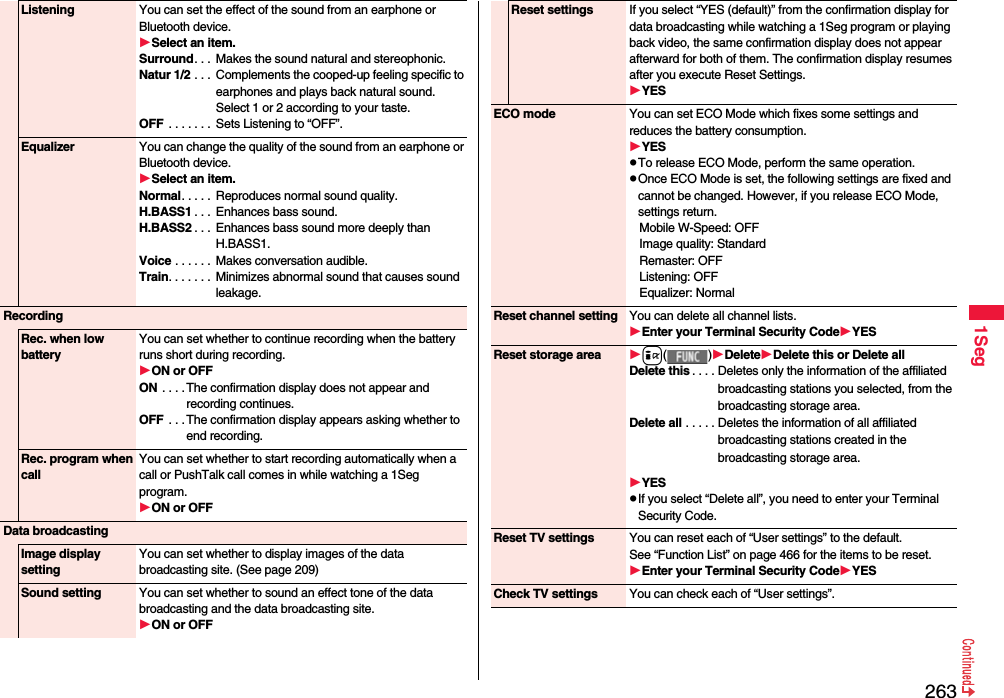 2631SegListening You can set the effect of the sound from an earphone or Bluetooth device.Select an item.Surround. . .  Makes the sound natural and stereophonic.Natur 1/2 . . .  Complements the cooped-up feeling specific to earphones and plays back natural sound. Select 1 or 2 according to your taste.OFF  . . . . . . .  Sets Listening to “OFF”.Equalizer You can change the quality of the sound from an earphone or Bluetooth device.Select an item.Normal. . . . .  Reproduces normal sound quality.H.BASS1 . . .  Enhances bass sound.H.BASS2 . . .  Enhances bass sound more deeply than H.BASS1.Voice . . . . . .  Makes conversation audible.Train. . . . . . . Minimizes abnormal sound that causes sound leakage.RecordingRec. when low batteryYou can set whether to continue recording when the battery runs short during recording.ON or OFFON . . . .The confirmation display does not appear and recording continues.OFF  . . . The confirmation display appears asking whether to end recording.Rec. program when callYou can set whether to start recording automatically when a call or PushTalk call comes in while watching a 1Seg program.ON or OFFData broadcastingImage display settingYou can set whether to display images of the data broadcasting site. (See page 209)Sound setting You can set whether to sound an effect tone of the data broadcasting and the data broadcasting site.ON or OFFReset settings If you select “YES (default)” from the confirmation display for data broadcasting while watching a 1Seg program or playing back video, the same confirmation display does not appear afterward for both of them. The confirmation display resumes after you execute Reset Settings.YESECO mode You can set ECO Mode which fixes some settings and reduces the battery consumption.YESpTo release ECO Mode, perform the same operation.pOnce ECO Mode is set, the following settings are fixed and cannot be changed. However, if you release ECO Mode, settings return.Mobile W-Speed: OFFImage quality: StandardRemaster: OFFListening: OFFEqualizer: NormalReset channel setting You can delete all channel lists.Enter your Terminal Security CodeYESReset storage area i( )DeleteDelete this or Delete allDelete this. . . . Deletes only the information of the affiliated broadcasting stations you selected, from the broadcasting storage area.Delete all . . . . . Deletes the information of all affiliated broadcasting stations created in the broadcasting storage area.YESpIf you select “Delete all”, you need to enter your Terminal Security Code.Reset TV settings You can reset each of “User settings” to the default.See “Function List” on page 466 for the items to be reset.Enter your Terminal Security CodeYESCheck TV settings You can check each of “User settings”.