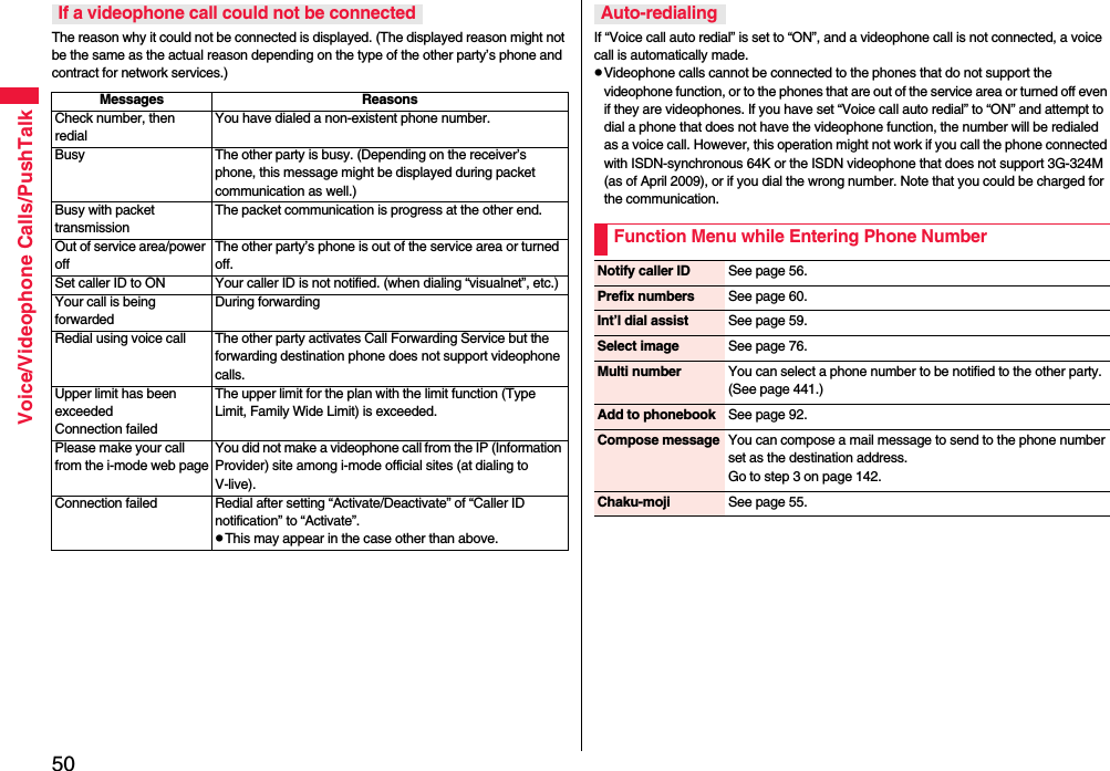 50Voice/Videophone Calls/PushTalkThe reason why it could not be connected is displayed. (The displayed reason might not be the same as the actual reason depending on the type of the other party’s phone and contract for network services.)If a videophone call could not be connectedMessages ReasonsCheck number, then redialYou have dialed a non-existent phone number.Busy The other party is busy. (Depending on the receiver’s phone, this message might be displayed during packet communication as well.)Busy with packet transmissionThe packet communication is progress at the other end.Out of service area/power offThe other party’s phone is out of the service area or turned off.Set caller ID to ON Your caller ID is not notified. (when dialing “visualnet”, etc.)Your call is being forwardedDuring forwardingRedial using voice call The other party activates Call Forwarding Service but the forwarding destination phone does not support videophone calls.Upper limit has been exceededConnection failedThe upper limit for the plan with the limit function (Type Limit, Family Wide Limit) is exceeded.Please make your call from the i-mode web pageYou did not make a videophone call from the IP (Information Provider) site among i-mode official sites (at dialing to V-live).Connection failed Redial after setting “Activate/Deactivate” of “Caller ID notification” to “Activate”.pThis may appear in the case other than above.If “Voice call auto redial” is set to “ON”, and a videophone call is not connected, a voice call is automatically made.pVideophone calls cannot be connected to the phones that do not support the videophone function, or to the phones that are out of the service area or turned off even if they are videophones. If you have set “Voice call auto redial” to “ON” and attempt to dial a phone that does not have the videophone function, the number will be redialed as a voice call. However, this operation might not work if you call the phone connected with ISDN-synchronous 64K or the ISDN videophone that does not support 3G-324M (as of April 2009), or if you dial the wrong number. Note that you could be charged for the communication.Auto-redialingFunction Menu while Entering Phone NumberNotify caller ID See page 56.Prefix numbers See page 60.Int’l dial assist See page 59.Select image See page 76.Multi number You can select a phone number to be notified to the other party. (See page 441.)Add to phonebook See page 92.Compose message You can compose a mail message to send to the phone number set as the destination address.Go to step 3 on page 142.Chaku-moji See page 55.