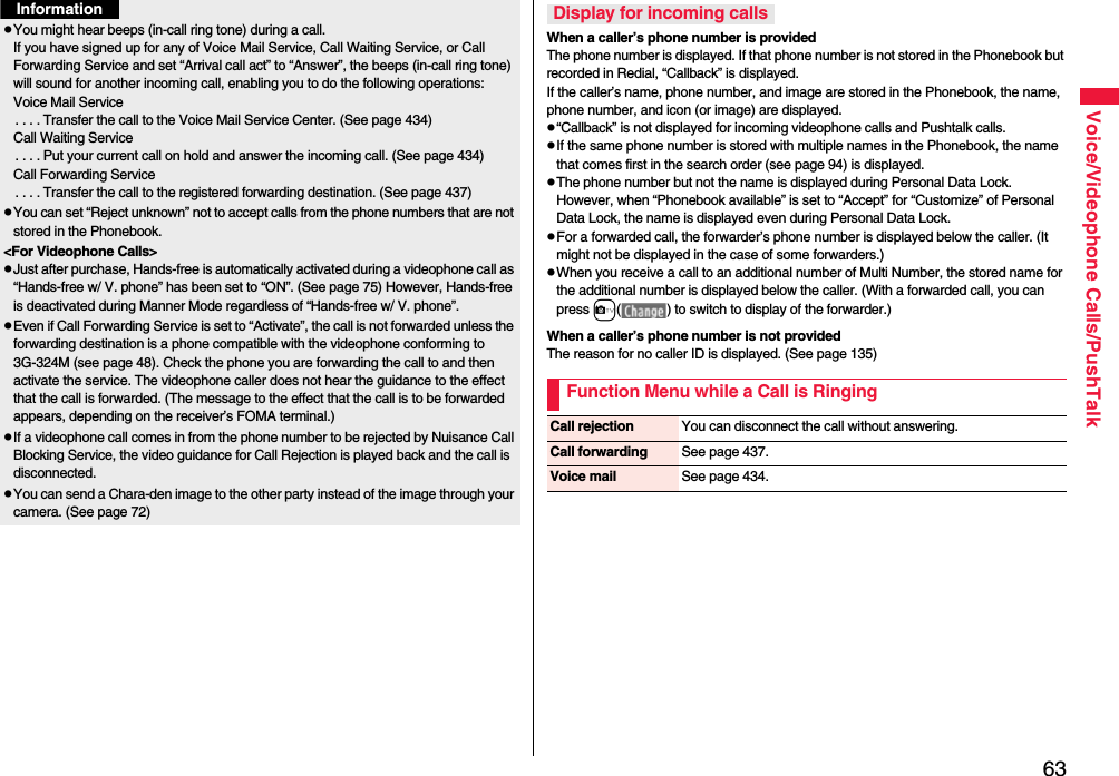 63Voice/Videophone Calls/PushTalkpYou might hear beeps (in-call ring tone) during a call.If you have signed up for any of Voice Mail Service, Call Waiting Service, or Call Forwarding Service and set “Arrival call act” to “Answer”, the beeps (in-call ring tone) will sound for another incoming call, enabling you to do the following operations:Voice Mail Service. . . . Transfer the call to the Voice Mail Service Center. (See page 434)Call Waiting Service. . . . Put your current call on hold and answer the incoming call. (See page 434)Call Forwarding Service. . . . Transfer the call to the registered forwarding destination. (See page 437)pYou can set “Reject unknown” not to accept calls from the phone numbers that are not stored in the Phonebook.&lt;For Videophone Calls&gt;pJust after purchase, Hands-free is automatically activated during a videophone call as “Hands-free w/ V. phone” has been set to “ON”. (See page 75) However, Hands-free is deactivated during Manner Mode regardless of “Hands-free w/ V. phone”.pEven if Call Forwarding Service is set to “Activate”, the call is not forwarded unless the forwarding destination is a phone compatible with the videophone conforming to 3G-324M (see page 48). Check the phone you are forwarding the call to and then activate the service. The videophone caller does not hear the guidance to the effect that the call is forwarded. (The message to the effect that the call is to be forwarded appears, depending on the receiver’s FOMA terminal.)pIf a videophone call comes in from the phone number to be rejected by Nuisance Call Blocking Service, the video guidance for Call Rejection is played back and the call is disconnected.pYou can send a Chara-den image to the other party instead of the image through your camera. (See page 72)InformationWhen a caller’s phone number is providedThe phone number is displayed. If that phone number is not stored in the Phonebook but recorded in Redial, “Callback” is displayed.If the caller’s name, phone number, and image are stored in the Phonebook, the name, phone number, and icon (or image) are displayed.p“Callback” is not displayed for incoming videophone calls and Pushtalk calls.pIf the same phone number is stored with multiple names in the Phonebook, the name that comes first in the search order (see page 94) is displayed.pThe phone number but not the name is displayed during Personal Data Lock. However, when “Phonebook available” is set to “Accept” for “Customize” of Personal Data Lock, the name is displayed even during Personal Data Lock.pFor a forwarded call, the forwarder’s phone number is displayed below the caller. (It might not be displayed in the case of some forwarders.)pWhen you receive a call to an additional number of Multi Number, the stored name for the additional number is displayed below the caller. (With a forwarded call, you can press c( ) to switch to display of the forwarder.) When a caller’s phone number is not providedThe reason for no caller ID is displayed. (See page 135)Display for incoming callsFunction Menu while a Call is RingingCall rejection You can disconnect the call without answering.Call forwarding See page 437.Voice mail See page 434.