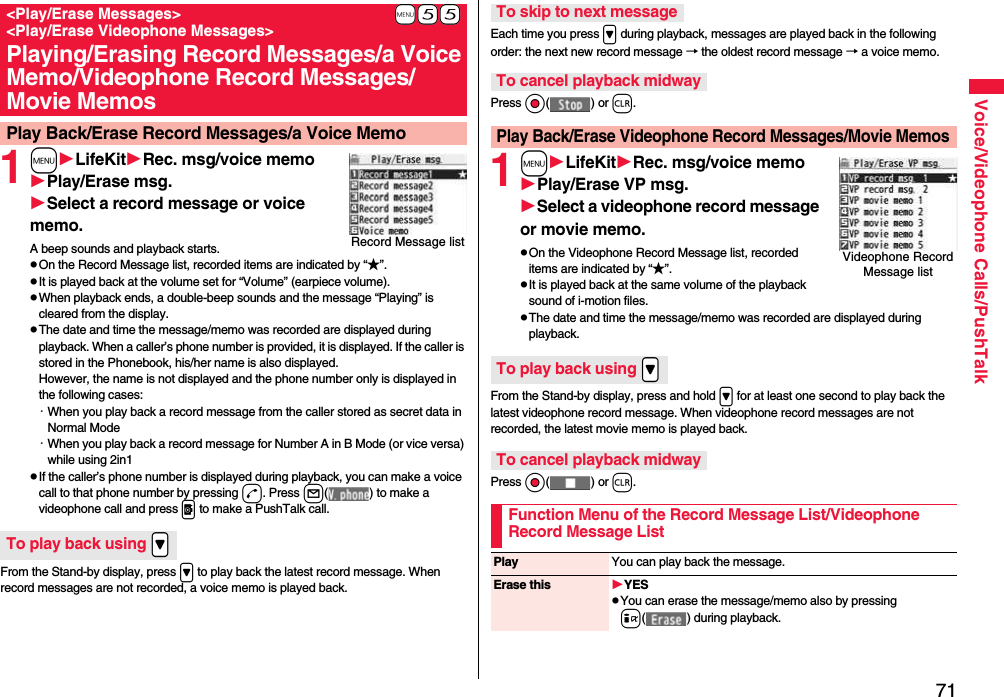 71Voice/Videophone Calls/PushTalk1mLifeKitRec. msg/voice memoPlay/Erase msg.Select a record message or voice memo.A beep sounds and playback starts.pOn the Record Message list, recorded items are indicated by “★”.pIt is played back at the volume set for “Volume” (earpiece volume).pWhen playback ends, a double-beep sounds and the message “Playing” is cleared from the display.pThe date and time the message/memo was recorded are displayed during playback. When a caller’s phone number is provided, it is displayed. If the caller is stored in the Phonebook, his/her name is also displayed. However, the name is not displayed and the phone number only is displayed in the following cases:・When you play back a record message from the caller stored as secret data in Normal Mode・When you play back a record message for Number A in B Mode (or vice versa) while using 2in1pIf the caller’s phone number is displayed during playback, you can make a voice call to that phone number by pressing d. Press l( ) to make a videophone call and press p to make a PushTalk call.From the Stand-by display, press &gt; to play back the latest record message. When record messages are not recorded, a voice memo is played back.+m-5-5&lt;Play/Erase Messages&gt; &lt;Play/Erase Videophone Messages&gt;Playing/Erasing Record Messages/a Voice Memo/Videophone Record Messages/Movie MemosPlay Back/Erase Record Messages/a Voice MemoRecord Message listTo play back using .&gt;Each time you press &gt; during playback, messages are played back in the following order: the next new record message → the oldest record message → a voice memo.Press Oo( ) or r.1mLifeKitRec. msg/voice memoPlay/Erase VP msg.Select a videophone record message or movie memo.pOn the Videophone Record Message list, recorded items are indicated by “★”.pIt is played back at the same volume of the playback sound of i-motion files.pThe date and time the message/memo was recorded are displayed during playback.From the Stand-by display, press and hold &gt; for at least one second to play back the latest videophone record message. When videophone record messages are not recorded, the latest movie memo is played back.Press Oo( ) or r.To skip to next messageTo cancel playback midwayPlay Back/Erase Videophone Record Messages/Movie MemosVideophone Record Message listTo play back using .&gt;To cancel playback midwayFunction Menu of the Record Message List/Videophone Record Message ListPlay You can play back the message.Erase this YESpYou can erase the message/memo also by pressing i( ) during playback.