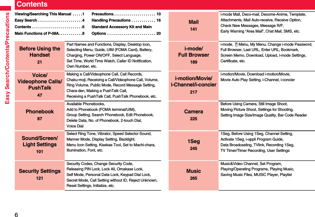 6Easy Search/Contents/PrecautionsContentsViewing/Searching This Manual  . . . . .1Easy Search . . . . . . . . . . . . . . . . . . . . . .4Contents . . . . . . . . . . . . . . . . . . . . . . . . .6Main Functions of P-08A. . . . . . . . . . . .8Precautions. . . . . . . . . . . . . . . . . . . . . 10Handling Precautions . . . . . . . . . . . . 16Standard Accessory Kit and Main Options . . . . . . . . . . . . . . . . . . . . . . . . 20Before Using the Handset21Part Names and Functions, Display, Desktop Icon, Selecting Menu, Guide, UIM (FOMA Card), Battery, Charging, Power ON/OFF, Select Language, Set Time, World Time Watch, Caller ID Notification, Own Number, etc.Voice/Videophone Calls/PushTalk47Making a Call/Videophone Call, Call Records, Chaku-moji, Receiving a Call/Videophone Call, Volume, Ring Volume, Public Mode, Record Message Setting, Chara-den, Making a PushTalk Call, Receiving a PushTalk Call, PushTalk Phonebook, etc.Phonebook87Available Phonebooks, Add to Phonebook (FOMA terminal/UIM), Group Setting, Search Phonebook, Edit Phonebook, Delete Data, No. of Phonebook, 2-touch Dial, Voice DialSound/Screen/Light Settings101Select Ring Tone, Vibrator, Speed Selector Sound, Manner Mode, Display Setting, Backlight, Menu Icon Setting, Kisekae Tool, Set to Machi-chara, Illumination, Font, etc.Security Settings121Security Codes, Change Security Code, Releasing PIN Lock, Lock All, Omakase Lock, Self Mode, Personal Data Lock, Keypad Dial Lock, Secret Mode, Call Setting without ID, Reject Unknown, Reset Settings, Initialize, etc.Mail141i-mode Mail, Deco-mail, Decome-Anime, Template, Attachments, Mail Auto-receive, Receive Option, Check New Messages, Message R/F, Early Warning “Area Mail”, Chat Mail, SMS, etc.i-mode/Full Browser189i-mode, iMenu, My Menu, Change i-mode Password, Full Browser, Last URL, Enter URL, Bookmark, Screen Memo, Download, Upload, i-mode Settings, Certificate, etc.i-motion/Movie/i-Channel/i-concier217i-motion/Movie, Download i-motion/Movie,Movie Auto Play Setting, i-Channel, i-concierCamera225Before Using Camera, Still Image Shoot, Moving Picture Shoot, Settings for Shooting, Setting Image Size/Image Quality, Bar Code Reader1Seg2451Seg, Before Using 1Seg, Channel Setting, Activate 1Seg, i-αppli Program Guide, Data Broadcasting, TVlink, Recording 1Seg, TV Timer/Timer Recording, User SettingsMusic265Music&amp;Video Channel, Set Program, Playing/Operating Programs, Playing Music, Saving Music Files, MUSIC Player, Playlist