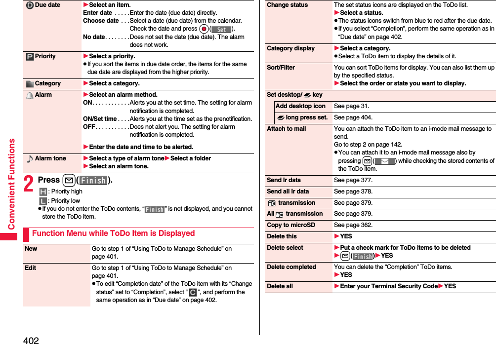 402Convenient Functions2Press l().: Priority high: Priority lowpIf you do not enter the ToDo contents, “ ” is not displayed, and you cannot store the ToDo item.Due date Select an item.Enter date  . . . . .Enter the date (due date) directly.Choose date  . . .Select a date (due date) from the calendar. Check the date and press Oo().No date. . . . . . . .Does not set the date (due date). The alarm does not work.Priority Select a priority.pIf you sort the items in due date order, the items for the same due date are displayed from the higher priority.Category Select a category.Alarm Select an alarm method.ON. . . . . . . . . . . .Alerts you at the set time. The setting for alarm notification is completed.ON/Set time . . . .Alerts you at the time set as the prenotification.OFF. . . . . . . . . . .Does not alert you. The setting for alarm notification is completed.Enter the date and time to be alerted.Alarm tone Select a type of alarm toneSelect a folderSelect an alarm tone.Function Menu while ToDo Item is DisplayedNew Go to step 1 of “Using ToDo to Manage Schedule” on page 401.Edit Go to step 1 of “Using ToDo to Manage Schedule” on page 401.pTo edit “Completion date” of the ToDo item with its “Change status” set to “Completion”, select “ ”, and perform the same operation as in “Due date” on page 402.Change status The set status icons are displayed on the ToDo list.Select a status.pThe status icons switch from blue to red after the due date.pIf you select “Completion”, perform the same operation as in “Due date” on page 402.Category display Select a category.pSelect a ToDo item to display the details of it.Sort/Filter You can sort ToDo items for display. You can also list them up by the specified status.Select the order or state you want to display.Set desktop/ keyAdd desktop icon See page 31.long press set. See page 404.Attach to mail You can attach the ToDo item to an i-mode mail message to send.Go to step 2 on page 142.pYou can attach it to an i-mode mail message also by pressing l( ) while checking the stored contents of the ToDo item.Send Ir data See page 377.Send all Ir data See page 378. transmission See page 379.All  transmission See page 379.Copy to microSD See page 362.Delete this YESDelete select Put a check mark for ToDo items to be deletedl()YESDelete completed You can delete the “Completion” ToDo items.YESDelete all Enter your Terminal Security CodeYES