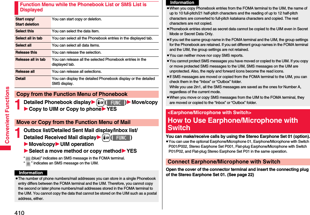 410Convenient Functions1Detailed Phonebook displayi()Move/copyCopy to UIM or Copy to phoneYES 1Outbox list/Detailed Sent Mail display/Inbox list/Detailed Received Mail displayi()Move/copyUIM operationSelect a move method or copy methodYES“ (blue)” indicates an SMS message in the FOMA terminal.“ ” indicates an SMS message on the UIM.Function Menu while the Phonebook List or SMS List is DisplayedStart copy/Start deletionYou can start copy or deletion.Select this You can select the data item.Select all in tab You can select all the Phonebook entries in the displayed tab.Select all You can select all data items.Release this You can release the selection.Release all in tab You can release all the selected Phonebook entries in the displayed tab.Release all You can release all selections.Detail You can display the detailed Phonebook display or the detailed SMS display.Copy from the Function Menu of PhonebookMove or Copy from the Function Menu of MailInformationpThe number of phone numbers/mail addresses you can store in a single Phonebook entry differs between the FOMA terminal and the UIM. Therefore, you cannot copy the second or later phone numbers/mail addresses stored in the FOMA terminal to the UIM. You cannot copy the data that cannot be stored on the UIM such as a postal address, either.You can make/receive calls by using the Stereo Earphone Set 01 (option).pYou can use the optional Earphone/Microphone 01, Earphone/Microphone with Switch P001/P002, Stereo Earphone Set P001, Flat-plug Earphone/Microphone with Switch P01/P02, and Flat-plug Stereo Earphone Set P01 in the same operation.Open the cover of the connector terminal and insert the connecting plug of the Stereo Earphone Set 01. (See page 22)pWhen you copy Phonebook entries from the FOMA terminal to the UIM, the name of up to 10 full-pitch/21 half-pitch characters and the reading of up to 12 half-pitch characters are converted to full-pitch katakana characters and copied. The rest characters are not copied.pPhonebook entries stored as secret data cannot be copied to the UIM even in Secret Mode or Secret Data Only.pIf you set the same group name in the FOMA terminal and the UIM, the group settings for the Phonebook are retained. If you set different group names in the FOMA terminal and the UIM, the group settings are not retained.pYou can neither move nor copy SMS reports.pYou cannot protect SMS messages you have moved or copied to the UIM. If you copy or move protected SMS messages to the UIM, SMS messages on the UIM are unprotected. Also, the reply and forward icons become the read icons.pIf SMS messages are moved or copied from the FOMA terminal to the UIM, you can check them in the “Inbox” or “Outbox” folder.While you use 2in1, all the SMS messages are saved as the ones for Number A, regardless of the current mode.pWhen you move or copy SMS messages from the UIM to the FOMA terminal, they are moved or copied to the “Inbox” or “Outbox” folder.&lt;Earphone/Microphone with Switch&gt;How to Use Earphone/Microphone with SwitchConnect Earphone/Microphone with SwitchInformation