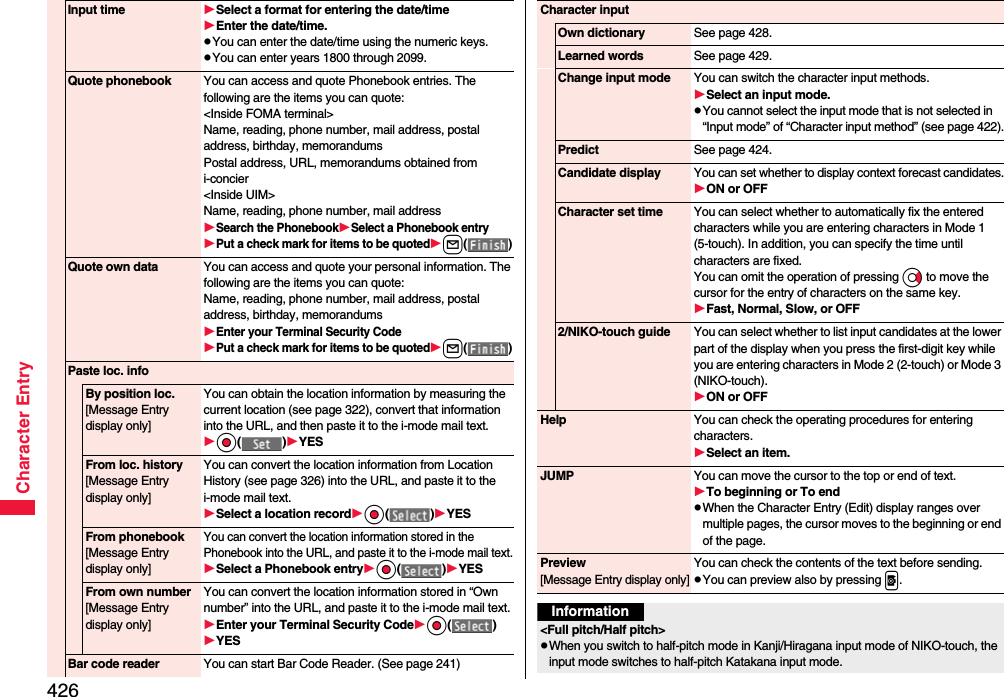 426Character EntryInput time Select a format for entering the date/timeEnter the date/time.pYou can enter the date/time using the numeric keys.pYou can enter years 1800 through 2099.Quote phonebook You can access and quote Phonebook entries. The following are the items you can quote:&lt;Inside FOMA terminal&gt;Name, reading, phone number, mail address, postal address, birthday, memorandumsPostal address, URL, memorandums obtained from i-concier&lt;Inside UIM&gt;Name, reading, phone number, mail addressSearch the PhonebookSelect a Phonebook entryPut a check mark for items to be quotedl()Quote own data You can access and quote your personal information. The following are the items you can quote: Name, reading, phone number, mail address, postal address, birthday, memorandumsEnter your Terminal Security CodePut a check mark for items to be quotedl()Paste loc. infoBy position loc.[Message Entry display only]You can obtain the location information by measuring the current location (see page 322), convert that information into the URL, and then paste it to the i-mode mail text.Oo()YESFrom loc. history[Message Entry display only]You can convert the location information from Location History (see page 326) into the URL, and paste it to the i-mode mail text.Select a location recordOo()YESFrom phonebook[Message Entry display only]You can convert the location information stored in the Phonebook into the URL, and paste it to the i-mode mail text.Select a Phonebook entryOo()YESFrom own number[Message Entry display only]You can convert the location information stored in “Own number” into the URL, and paste it to the i-mode mail text.Enter your Terminal Security CodeOo()YESBar code reader You can start Bar Code Reader. (See page 241)Character inputOwn dictionary See page 428.Learned words See page 429.Change input mode You can switch the character input methods.Select an input mode.pYou cannot select the input mode that is not selected in “Input mode” of “Character input method” (see page 422).Predict See page 424.Candidate displayYou can set whether to display context forecast candidates.ON or OFFCharacter set time You can select whether to automatically fix the entered characters while you are entering characters in Mode 1 (5-touch). In addition, you can specify the time until characters are fixed. You can omit the operation of pressing Vo to move the cursor for the entry of characters on the same key.Fast, Normal, Slow, or OFF2/NIKO-touch guide You can select whether to list input candidates at the lower part of the display when you press the first-digit key while you are entering characters in Mode 2 (2-touch) or Mode 3 (NIKO-touch).ON or OFFHelp You can check the operating procedures for entering characters.Select an item.JUMP You can move the cursor to the top or end of text.To beginning or To endpWhen the Character Entry (Edit) display ranges over multiple pages, the cursor moves to the beginning or end of the page.Preview[Message Entry display only]You can check the contents of the text before sending.pYou can preview also by pressing p.Information&lt;Full pitch/Half pitch&gt;pWhen you switch to half-pitch mode in Kanji/Hiragana input mode of NIKO-touch, the input mode switches to half-pitch Katakana input mode.