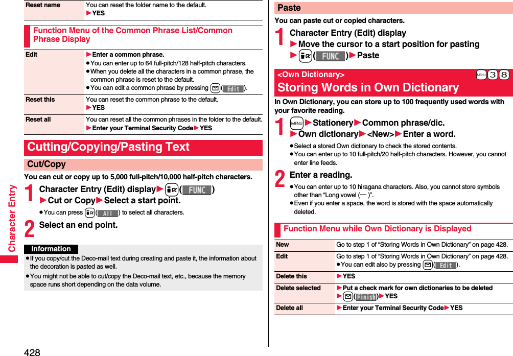 428Character EntryYou can cut or copy up to 5,000 full-pitch/10,000 half-pitch characters.1Character Entry (Edit) displayi()Cut or CopySelect a start point.pYou can press i( ) to select all characters.2Select an end point.Reset name You can reset the folder name to the default.YESFunction Menu of the Common Phrase List/Common Phrase DisplayEdit Enter a common phrase.pYou can enter up to 64 full-pitch/128 half-pitch characters.pWhen you delete all the characters in a common phrase, the common phrase is reset to the default.pYou can edit a common phrase by pressing l().Reset this You can reset the common phrase to the default.YESReset all You can reset all the common phrases in the folder to the default.Enter your Terminal Security CodeYESCutting/Copying/Pasting TextCut/CopyInformationpIf you copy/cut the Deco-mail text during creating and paste it, the information about the decoration is pasted as well.pYou might not be able to cut/copy the Deco-mail text, etc., because the memory space runs short depending on the data volume.You can paste cut or copied characters.1Character Entry (Edit) displayMove the cursor to a start position for pastingi()PasteIn Own Dictionary, you can store up to 100 frequently used words with your favorite reading.1mStationeryCommon phrase/dic.Own dictionary&lt;New&gt;Enter a word.pSelect a stored Own dictionary to check the stored contents.pYou can enter up to 10 full-pitch/20 half-pitch characters. However, you cannot enter line feeds.2Enter a reading.pYou can enter up to 10 hiragana characters. Also, you cannot store symbols other than “Long vowel (ー)”.pEven if you enter a space, the word is stored with the space automatically deleted.Paste+m-3-8&lt;Own Dictionary&gt;Storing Words in Own DictionaryFunction Menu while Own Dictionary is DisplayedNew Go to step 1 of “Storing Words in Own Dictionary” on page 428.Edit Go to step 1 of “Storing Words in Own Dictionary” on page 428.pYou can edit also by pressing l().Delete this YESDelete selected Put a check mark for own dictionaries to be deletedl()YESDelete all Enter your Terminal Security CodeYES