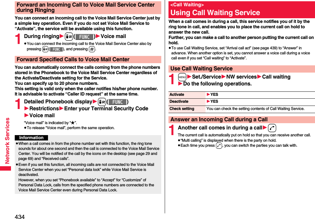 434Network ServicesYou can connect an incoming call to the Voice Mail Service Center just by a simple key operation. Even if you do not set Voice Mail Service to “Activate”, the service will be available using this function.1During ringingi()Voice mailpYou can connect the incoming call to the Voice Mail Service Center also by pressing i( ), and pressing s.You can automatically connect the calls coming from the phone numbers stored in the Phonebook to the Voice Mail Service Center regardless of the Activate/Deactivate setting for the Service.You can specify up to 20 phone numbers.This setting is valid only when the caller notifies his/her phone number. It is advisable to activate “Caller ID request” at the same time.1Detailed Phonebook displayi()RestrictionsEnter your Terminal Security CodeVoice mail“Voice mail” is indicated by “★”.pTo release “Voice mail”, perform the same operation.Forward an Incoming Call to Voice Mail Service Center during RingingForward Specified Calls to Voice Mail CenterInformationpWhen a call comes in from the phone number set with this function, the ring tone sounds for about one second and then the call is connected to the Voice Mail Service Center. You will be notified of the call by the icons on the desktop (see page 29 and page 69) and “Received calls”.pEven if you set this function, all incoming calls are not connected to the Voice Mail Service Center when you set “Personal data lock” while Voice Mail Service is deactivated.However, when you set “Phonebook available” to “Accept” for “Customize” of Personal Data Lock, calls from the specified phone numbers are connected to the Voice Mail Service Center even during Personal Data Lock.When a call comes in during a call, this service notifies you of it by the ring tone in call, and enables you to place the current call on hold to answer the new call.Further, you can make a call to another person putting the current call on hold.pTo use Call Waiting Service, set “Arrival call act” (see page 439) to “Answer” in advance. When another option is set, you cannot answer a voice call during a voice call even if you set “Call waiting” to “Activate”.1mSet./ServiceNW servicesCall waitingDo the following operations.1Another call comes in during a calldThe current call is automatically put on hold so that you can receive another call.p“Multi calling” is displayed when there is the party on hold.pEach time you press d, you can switch the parties you can talk with.&lt;Call Waiting&gt;Using Call Waiting ServiceUse Call Waiting ServiceActivate YESDeactivate YESCheck setting You can check the setting contents of Call Waiting Service.Answer an Incoming Call during a Call