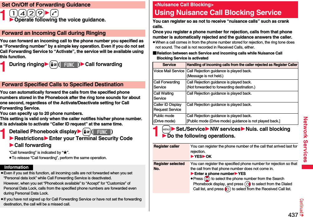 437Network Services11429dOperate following the voice guidance.You can forward an incoming call to the phone number you specified as a “Forwarding number” by a simple key operation. Even if you do not set Call Forwarding Service to “Activate”, the service will be available using this function.1During ringingi()Call forwardingYou can automatically forward the calls from the specified phone numbers stored in the Phonebook after the ring tone sounds for about one second, regardless of the Activate/Deactivate setting for Call Forwarding Service.You can specify up to 20 phone numbers.This setting is valid only when the caller notifies his/her phone number. It is advisable to activate “Caller ID request” at the same time.1Detailed Phonebook displayi()RestrictionsEnter your Terminal Security CodeCall forwarding“Call forwarding” is indicated by “★”.pTo release “Call forwarding”, perform the same operation.Set On/Off of Forwarding GuidanceForward an Incoming Call during RingingForward Specified Calls to Specified DestinationInformationpEven if you set this function, all incoming calls are not forwarded when you set “Personal data lock” while Call Forwarding Service is deactivated.However, when you set “Phonebook available” to “Accept” for “Customize” of Personal Data Lock, calls from the specified phone numbers are forwarded even during Personal Data Lock.pIf you have not signed up for Call Forwarding Service or have not set the forwarding destination, the call will be a missed call.You can register so as not to receive “nuisance calls” such as crank calls. Once you register a phone number for rejection, calls from that phone number is automatically rejected and the guidance answers the caller.pWhen a call comes in from the phone number stored for rejection, the ring tone does not sound. The call is not recorded in Received Calls, either.■Relation between each Service and incoming calls while Nuisance Call Blocking Service is activated1mSet./ServiceNW servicesNuis. call blockingDo the following operations.&lt;Nuisance Call Blocking&gt;Using Nuisance Call Blocking ServiceServiceHandling of incoming calls from the caller rejected as Register CallerVoice Mail Service Call Rejection guidance is played back. (Message is not held.)Call Forwarding ServiceCall Rejection guidance is played back. (Not forwarded to forwarding destination.)Call Waiting ServiceCall Rejection guidance is played back.Caller ID Display Request ServiceCall Rejection guidance is played back.Public mode (Drive mode)Call Rejection guidance is played back. [Public mode (Drive mode) guidance is not played back.]Register caller You can register the phone number of the call that arrived last for rejection.YESOKRegister selected No.You can register the specified phone number for rejection so that the call from that phone number does not come in.Enter a phone numberYESpPress Bo to select the phone number from the Search Phonebook display, and press Vo to select from the Dialed Call list, and press Co to select from the Received Call list. 