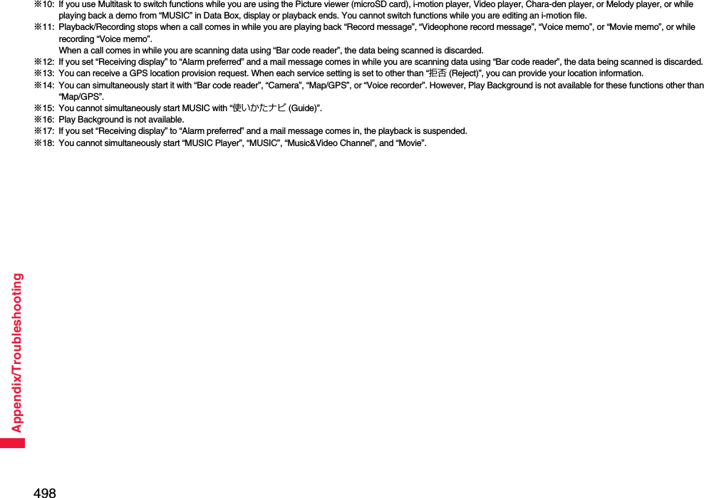498Appendix/Troubleshooting※10: If you use Multitask to switch functions while you are using the Picture viewer (microSD card), i-motion player, Video player, Chara-den player, or Melody player, or while playing back a demo from “MUSIC” in Data Box, display or playback ends. You cannot switch functions while you are editing an i-motion file.※11: Playback/Recording stops when a call comes in while you are playing back “Record message”, “Videophone record message”, “Voice memo”, or “Movie memo”, or while recording “Voice memo”. When a call comes in while you are scanning data using “Bar code reader”, the data being scanned is discarded.※12: If you set “Receiving display” to “Alarm preferred” and a mail message comes in while you are scanning data using “Bar code reader”, the data being scanned is discarded.※13: You can receive a GPS location provision request. When each service setting is set to other than “拒否 (Reject)”, you can provide your location information.※14: You can simultaneously start it with “Bar code reader”, “Camera”, “Map/GPS”, or “Voice recorder”. However, Play Background is not available for these functions other than “Map/GPS”.※15: You cannot simultaneously start MUSIC with “使いかたナビ (Guide)”.※16: Play Background is not available.※17: If you set “Receiving display” to “Alarm preferred” and a mail message comes in, the playback is suspended.※18: You cannot simultaneously start “MUSIC Player”, “MUSIC”, “Music&amp;Video Channel”, and “Movie”.