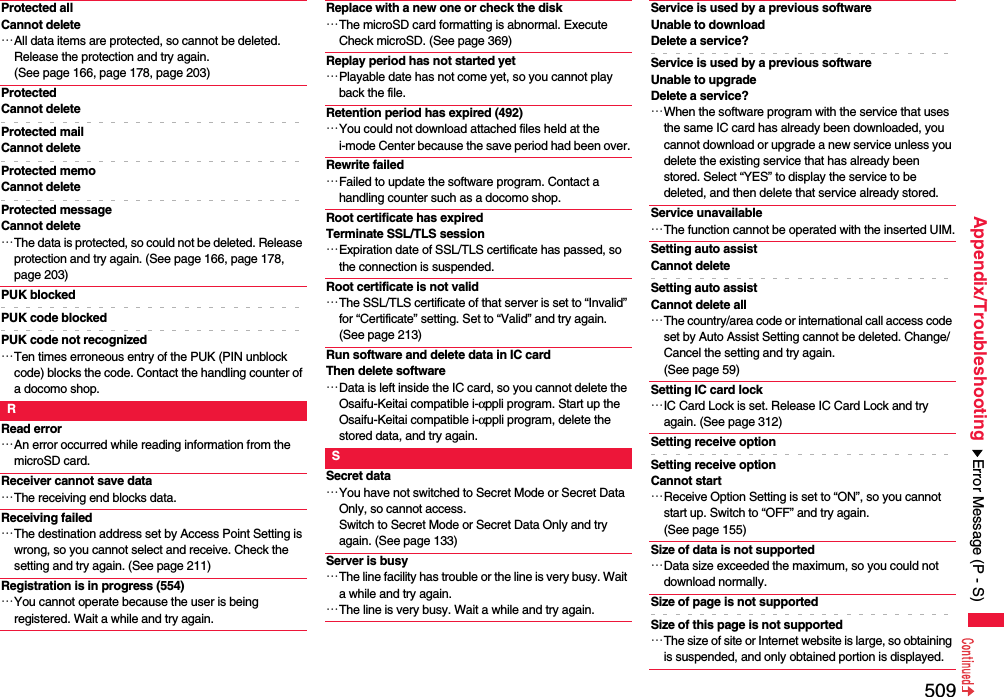 509Appendix/TroubleshootingProtected allCannot delete…All data items are protected, so cannot be deleted. Release the protection and try again. (See page 166, page 178, page 203)ProtectedCannot deleteProtected mailCannot deleteProtected memoCannot deleteProtected messageCannot delete…The data is protected, so could not be deleted. Release protection and try again. (See page 166, page 178, page 203)PUK blockedPUK code blockedPUK code not recognized…Ten times erroneous entry of the PUK (PIN unblock code) blocks the code. Contact the handling counter of a docomo shop.RRead error…An error occurred while reading information from the microSD card.Receiver cannot save data…The receiving end blocks data.Receiving failed…The destination address set by Access Point Setting is wrong, so you cannot select and receive. Check the setting and try again. (See page 211)Registration is in progress (554)…You cannot operate because the user is being registered. Wait a while and try again.Replace with a new one or check the disk…The microSD card formatting is abnormal. Execute Check microSD. (See page 369)Replay period has not started yet…Playable date has not come yet, so you cannot play back the file.Retention period has expired (492)…You could not download attached files held at the i-mode Center because the save period had been over.Rewrite failed…Failed to update the software program. Contact a handling counter such as a docomo shop.Root certificate has expiredTerminate SSL/TLS session…Expiration date of SSL/TLS certificate has passed, so the connection is suspended.Root certificate is not valid…The SSL/TLS certificate of that server is set to “Invalid” for “Certificate” setting. Set to “Valid” and try again. (See page 213)Run software and delete data in IC cardThen delete software…Data is left inside the IC card, so you cannot delete the Osaifu-Keitai compatible i-αppli program. Start up the Osaifu-Keitai compatible i-αppli program, delete the stored data, and try again.SSecret data…You have not switched to Secret Mode or Secret Data Only, so cannot access.Switch to Secret Mode or Secret Data Only and try again. (See page 133)Server is busy…The line facility has trouble or the line is very busy. Wait a while and try again.…The line is very busy. Wait a while and try again.Service is used by a previous software Unable to download Delete a service?Service is used by a previous software Unable to upgrade Delete a service?…When the software program with the service that uses the same IC card has already been downloaded, you cannot download or upgrade a new service unless you delete the existing service that has already been stored. Select “YES” to display the service to be deleted, and then delete that service already stored.Service unavailable…The function cannot be operated with the inserted UIM.Setting auto assist Cannot deleteSetting auto assist Cannot delete all…The country/area code or international call access code set by Auto Assist Setting cannot be deleted. Change/Cancel the setting and try again. (See page 59)Setting IC card lock…IC Card Lock is set. Release IC Card Lock and try again. (See page 312)Setting receive optionSetting receive option Cannot start…Receive Option Setting is set to “ON”, so you cannot start up. Switch to “OFF” and try again. (See page 155)Size of data is not supported…Data size exceeded the maximum, so you could not download normally.Size of page is not supportedSize of this page is not supported…The size of site or Internet website is large, so obtaining is suspended, and only obtained portion is displayed.Error Message (P - S)