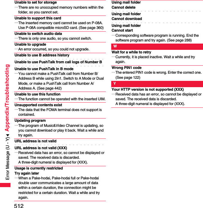 512Appendix/TroubleshootingUnable to set for storage…There are no unoccupied memory numbers within the folder, so you cannot set.Unable to support this card…The inserted memory card cannot be used on P-08A. Use P-08A compatible microSD card. (See page 360)Unable to switch audio data…There is only one audio, so you cannot switch.Unable to upgrade…An error occurred, so you could not upgrade.Unable to use B address historyUnable to use PushTalk from call logs of Number BUnable to use PushTalk in B mode…You cannot make a PushTalk call from Number B/Address B while using 2in1. Switch to A Mode or Dual Mode, or make a PushTalk call from Number A/Address A. (See page 442)Unable to use this function…The function cannot be operated with the inserted UIM.Unsupported contents exist…The data that the FOMA terminal does not support is contained.Updating program…The program of Music&amp;Video Channel is updating, so you cannot download or play it back. Wait a while and try again.URL address is not validURL address is not valid (XXX)…Received data has an error, so cannot be displayed or saved. The received data is discarded. A three-digit numeral is displayed for (XXX).Usage is currently restricted Try again later…When a Pake-hodai, Pake-hodai full or Pake-hodai double user communicates a large amount of data within a certain duration, the connection might be restricted for a certain duration. Wait a while and try again.Using mail folderCannot deleteUsing mail folderCannot downloadUsing mail folderCannot start…Corresponding software program is running. End the software program and try again. (See page 288)WWait for a while to retry…Currently, it is placed inactive. Wait a while and try again.Wrong PIN1 code…The entered PIN1 code is wrong. Enter the correct one. (See page 122)YYour HTTP version is not supported (XXX)…Received data has an error, so cannot be displayed or saved. The received data is discarded. A three-digit numeral is displayed for (XXX).Error Message (U - Y)