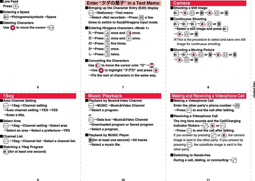 &lt;Cutout line&gt;67891011■Line FeedPress a.■Entering a Spacei→Pictograms/symbols→Space■Deleting CharactersUse Mo to move the cursor→r■Bringing up the Character Entry (Edit) displaym→Stationery→Text memo→Select &lt;Not recorded&gt;→Press l a few times to switch to Kanji/Hiragana input mode.■Entering Hiragana characters &lt;Mode 1&gt;た→Press 4 once and Vo once.だ→Press 4 once and a once.の→Press 5 five times.か→Press 2 once.し→Press 3 twice.■Converting the CharactersUse Co to move the cursor onto “の”→Bo→Use Mo to highlight “タダの” and press Oo→Fix the rest of characters in the same way.Enter “タダの菓子” in a Text Memo■Shooting a Still Imagec→Oo, 0 or p→Oo, 0 or p■Continuous Shootingc→c→c→Oo, 0 or p→Select a still image and press c→Oo, 0 or p※This is the procedure to select and save one still image for continuous shooting.■Shooting a Moving Picturec→c→Oo, 0 or p→Oo, 0 or p→Oo, 0 or pCamera■Auto Channel Settingm→1Seg→Channel setting→Auto channel setting→YES→YES→Enter a title.■Select Aream→1Seg→Channel setting→Select area→Select an area→Select a prefecture→YES■Channel Listm→1Seg→Channel list→Select a channel list.■Watching a 1Seg Programc(for at least one second)1Seg■Playback by Music&amp;Video Channelm→MUSIC→Music&amp;Video Channel→Select a program.orm→Data box→Music&amp;Video Channel→Downloaded program or Saved program→Select a program.■Playback by MUSIC Playerp(for at least one second)→All tracks→Select a music file.Music Playback■Making a Videophone CallEnter the other party’s phone number→l→Press h to end the call after talking.■Receiving a Videophone CallThe ring tone sounds and the Call/Charging indicator flickers→d, Oo or m→Press h to end the call after talking.If you answer by pressing d or Oo, the camera image is sent to the other party. If you answer by pressing m, the substitute image is sent to the other party.■Switching to Hands-freeDuring a call, dialing, or connecting→dMaking and Receiving a Videophone Call