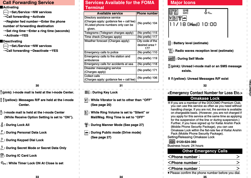 &lt;Cutout line&gt;30 31 3233 34 35■Activatingm→Set./Service→NW services→Call forwarding→Activate→Register fwd number→Enter the phone number of forwarding destination→Set ring time→Enter a ring time (seconds)→Activate→YES■Deactivatingm→Set./Service→NW services→Call forwarding→Deactivate→YESCall Forwarding Service Services Available for the FOMA TerminalAvailable servicePhone numberDirectory assistance service (Charges apply: guidance fee + call fee)※Listed phone numbers only can be given.(No prefix) 104Telegrams (Telegram charges apply) (No prefix) 115Time check (Charges apply) (No prefix) 117Weather forecast (Charges apply) City code of the desired area＋177Emergency calls to police (No prefix) 110Emergency calls to fire station and ambulance (No prefix) 119Emergency calls for accidents at sea (No prefix) 118Disaster messaging service (Charges apply) (No prefix) 171Collect calls (Charges apply: guidance fee + call fee)(No prefix) 106: Battery level (estimate): Radio waves reception level (estimate): During Self Mode(pink): Unread i-mode mail or an SMS message exists.(yellow): Unread Messages R/F existMajor Icons(pink): i-mode mail is held at the i-mode Center.(yellow): Messages R/F are held at the i-mode Center.: i-mode mail is held at the i-mode Center (While Receive Option Setting is set to “ON”).: During Lock All: During Personal Data Lock: During Keypad Dial Lock: During Secret Mode or Secret Data Only: During IC Card Lock: While Timer Lock ON At Close is set: During Key Lock: While Vibrator is set to other than “OFF” (See page 20): While Ring Volume is set to “Silent” or Mail/Msg. Ring Time is set to “OFF”: During Manner Mode (See page 27): During Public mode (Drive mode) (See page 27)&lt;Emergency Contact Number for Loss Etc.&gt;※If you are a member of the DOCOMO Premium Club, you can use this service as often as you need without handling charge. If you are not, the service is available on chargeable basis. (However, you are not charged if you apply for this service at the same time as applying for the suspension of the line or during suspension.) Further, if you have signed up for Keitai Anshin Pack (Mobile Phone Security Package), you can use Omakase Lock within the flat-rate fee of Keitai Anshin Pack (Mobile Phone Security Package).Setting/Releasing Omakase Lock0120-524-360Business hours: 24 hours＜Phone number：              ＞＜Phone number：              ＞＜Phone number：              ＞pPlease confirm the phone number before you dial.Omakase LockOther Emergency Calls