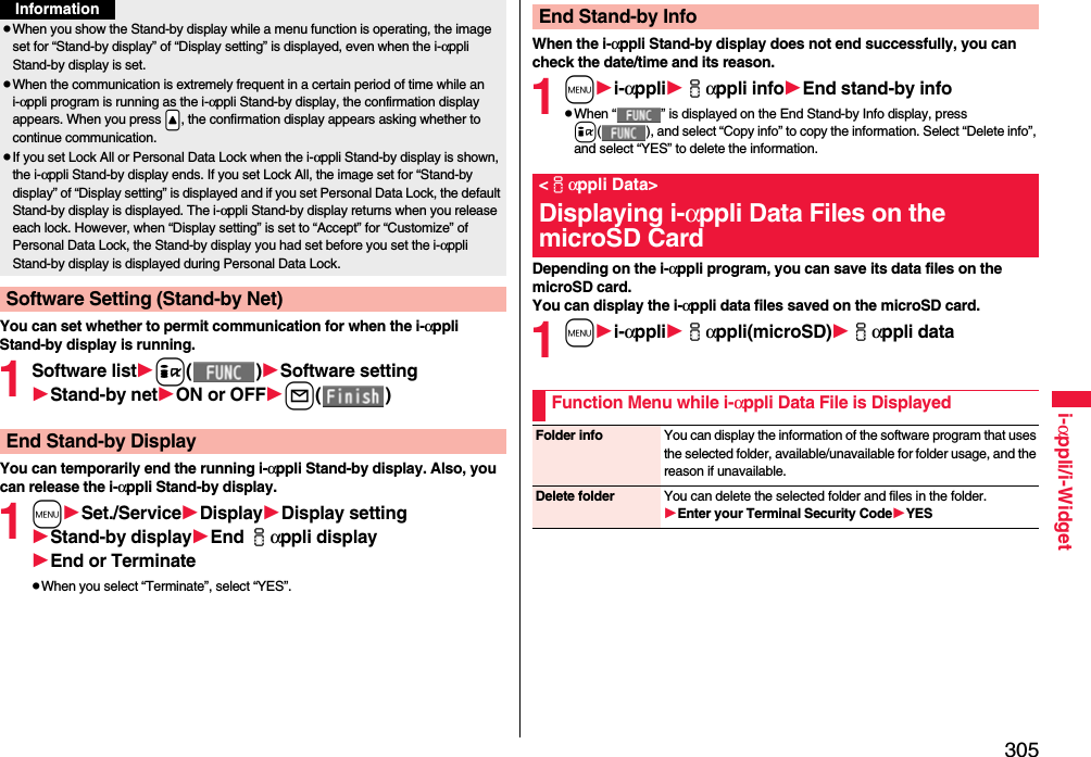 305i-αppli/i-WidgetYou can set whether to permit communication for when the i-αppli Stand-by display is running.1Software listi()Software settingStand-by netON or OFFl()You can temporarily end the running i-αppli Stand-by display. Also, you can release the i-αppli Stand-by display.1mSet./ServiceDisplayDisplay settingStand-by displayEnd iαppli displayEnd or TerminatepWhen you select “Terminate”, select “YES”.pWhen you show the Stand-by display while a menu function is operating, the image set for “Stand-by display” of “Display setting” is displayed, even when the i-αppli Stand-by display is set.pWhen the communication is extremely frequent in a certain period of time while an i-αppli program is running as the i-αppli Stand-by display, the confirmation display appears. When you press .&lt;, the confirmation display appears asking whether to continue communication.pIf you set Lock All or Personal Data Lock when the i-αppli Stand-by display is shown, the i-αppli Stand-by display ends. If you set Lock All, the image set for “Stand-by display” of “Display setting” is displayed and if you set Personal Data Lock, the default Stand-by display is displayed. The i-αppli Stand-by display returns when you release each lock. However, when “Display setting” is set to “Accept” for “Customize” of Personal Data Lock, the Stand-by display you had set before you set the i-αppli Stand-by display is displayed during Personal Data Lock.Software Setting (Stand-by Net)InformationEnd Stand-by DisplayWhen the i-αppli Stand-by display does not end successfully, you can check the date/time and its reason.1mi-αppliiαppli infoEnd stand-by infopWhen “ ” is displayed on the End Stand-by Info display, press i( ), and select “Copy info” to copy the information. Select “Delete info”, and select “YES” to delete the information.Depending on the i-αppli program, you can save its data files on the microSD card. You can display the i-αppli data files saved on the microSD card.1mi-αppliiαppli(microSD)iαppli dataEnd Stand-by Info&lt;iαppli Data&gt;Displaying i-αppli Data Files on the microSD CardFunction Menu while i-αppli Data File is DisplayedFolder info You can display the information of the software program that uses the selected folder, available/unavailable for folder usage, and the reason if unavailable.Delete folder You can delete the selected folder and files in the folder.Enter your Terminal Security CodeYES