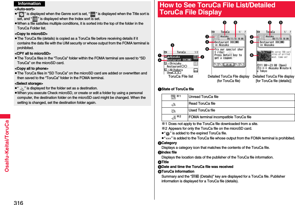316Osaifu-Keitai/ToruCaInformation&lt;Auto-sort&gt;p“ ” is displayed when the Genre sort is set, “ ” is displayed when the Title sort is set, and “ ” is displayed when the Index sort is set.pWhen a file satisfies multiple conditions, it is sorted into the top of the folder in the ToruCa Folder list.&lt;Copy to microSD&gt;pThe ToruCa file (details) is copied as a ToruCa file before receiving details if it contains the data file with the UIM security or whose output from the FOMA terminal is prohibited.&lt;CPY all to microSD&gt;pThe ToruCa files in the “ToruCa” folder within the FOMA terminal are saved to “SD ToruCa” on the microSD card.&lt;Copy all to phone&gt;pThe ToruCa files in “SD ToruCa” on the microSD card are added or overwritten and then saved to the “ToruCa” folder in the FOMA terminal.&lt;Select storage&gt;p“ ” is displayed for the folder set as a destination.pWhen you execute Check microSD, or create or edit a folder by using a personal computer, the destination folder on the microSD card might be changed. When the setting is changed, set the destination folder again.State of ToruCa file※1 Does not apply to the ToruCa file downloaded from a site.※2 Appears for only the ToruCa file on the microSD card.p“ ” is added to the expired ToruCa file.p“ ” is added to the ToruCa file whose output from the FOMA terminal is prohibited.CategoryDisplays a category icon that matches the contents of the ToruCa file.Index fileDisplays the location data of the publisher of the ToruCa file information.TitleDate and time the ToruCa file was receivedToruCa informationSummary and the “詳細 (Details)” key are displayed for a ToruCa file. Publisher information is displayed for a ToruCa file (details).How to See ToruCa File List/Detailed ToruCa File DisplayToruCa File listDetailed ToruCa File display(for ToruCa file)Detailed ToruCa File display[for ToruCa file (details)] ※1Unread ToruCa fileRead ToruCa fileUsed ToruCa file※2FOMA terminal incompatible ToruCa file