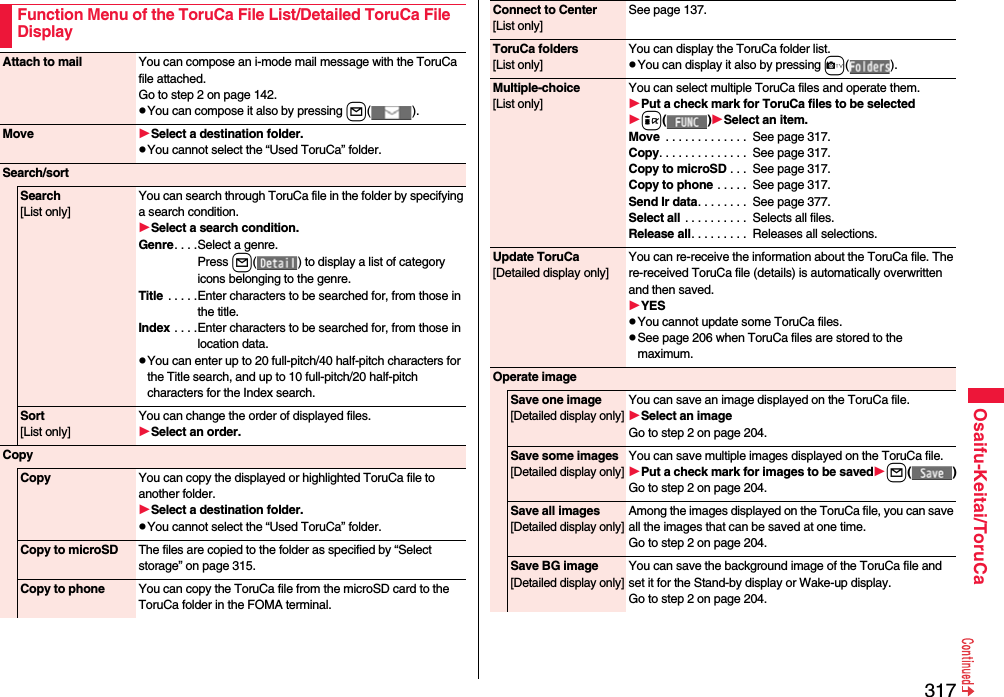 317Osaifu-Keitai/ToruCaFunction Menu of the ToruCa File List/Detailed ToruCa File DisplayAttach to mail You can compose an i-mode mail message with the ToruCa file attached.Go to step 2 on page 142.pYou can compose it also by pressing l().Move Select a destination folder.pYou cannot select the “Used ToruCa” folder.Search/sortSearch[List only]You can search through ToruCa file in the folder by specifying a search condition.Select a search condition.Genre. . . .Select a genre.Press l( ) to display a list of category icons belonging to the genre.Title  . . . . .Enter characters to be searched for, from those in the title.Index . . . .Enter characters to be searched for, from those in location data.pYou can enter up to 20 full-pitch/40 half-pitch characters for the Title search, and up to 10 full-pitch/20 half-pitch characters for the Index search.Sort[List only]You can change the order of displayed files.Select an order.CopyCopy You can copy the displayed or highlighted ToruCa file to another folder.Select a destination folder.pYou cannot select the “Used ToruCa” folder.Copy to microSD The files are copied to the folder as specified by “Select storage” on page 315.Copy to phone You can copy the ToruCa file from the microSD card to the ToruCa folder in the FOMA terminal.Connect to Center[List only]See page 137.ToruCa folders[List only]You can display the ToruCa folder list.pYou can display it also by pressing c().Multiple-choice[List only]You can select multiple ToruCa files and operate them.Put a check mark for ToruCa files to be selectedi()Select an item.Move  . . . . . . . . . . . . .  See page 317.Copy. . . . . . . . . . . . . .  See page 317.Copy to microSD . . .  See page 317.Copy to phone . . . . .  See page 317.Send Ir data. . . . . . . .  See page 377.Select all . . . . . . . . . .  Selects all files.Release all. . . . . . . . .  Releases all selections.Update ToruCa[Detailed display only]You can re-receive the information about the ToruCa file. The re-received ToruCa file (details) is automatically overwritten and then saved.YESpYou cannot update some ToruCa files.pSee page 206 when ToruCa files are stored to the maximum.Operate imageSave one image[Detailed display only]You can save an image displayed on the ToruCa file.Select an imageGo to step 2 on page 204.Save some images[Detailed display only]You can save multiple images displayed on the ToruCa file.Put a check mark for images to be savedl()Go to step 2 on page 204.Save all images[Detailed display only]Among the images displayed on the ToruCa file, you can save all the images that can be saved at one time.Go to step 2 on page 204.Save BG image[Detailed display only]You can save the background image of the ToruCa file and set it for the Stand-by display or Wake-up display.Go to step 2 on page 204.