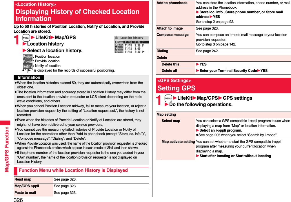 326Map/GPS FunctionUp to 50 histories of Position Location, Notify of Location, and Provide Location are stored.1mLifeKitMap/GPSLocation historySelect a location history.: Position location: Provide location: Notify of locationp“ ” is displayed for the records of successful positioning.&lt;Location History&gt;Displaying History of Checked Location InformationInformationpWhen the location histories exceed 50, they are automatically overwritten from the oldest one.pThe location information and accuracy stored in Location History may differ from the ones sent to the location provision requester or LCS client depending on the radio wave conditions, and others.pWhen you cancel Position Location midway, fail to measure your location, or reject a location provision request by the setting of “Location request set.”, the history is not recorded.pEven when the histories of Provide Location or Notify of Location are stored, they might not have been delivered to your service providers.pYou cannot use the measuring-failed histories of Provide Location or Notify of Location for the operations other than “Add to phonebook (except “Store loc. info.”)”, “Compose message”, “Dialing”, and “Delete”.pWhen Provide Location was used, the name of the location provision requester is checked against the Phonebook entries which appear in each mode of 2in1 and then shown.pIf the phone number of the location provision requester is the one you added in your “Own number”, the name of the location provision requester is not displayed on Location History.Function Menu while Location History is DisplayedRead map See page 323.Map/GPS αppli See page 323.Paste to mail See page 323.1mLifeKitMap/GPSGPS settingsDo the following operations.Add to phonebook You can store the location information, phone number, or mail address in the Phonebook.Store loc. info., Store phone number, or Store mail addressYESGo to step 2 on page 92.Attach to image See page 323.Compose message You can compose an i-mode mail message to your location provision requester.Go to step 3 on page 142.Dialing See page 242.Delete Delete this YESDelete all Enter your Terminal Security CodeYES&lt;GPS Settings&gt;Setting GPSMap settingSelect map You can select a GPS compatible i-αppli program to use when displaying a map from “Map” or location information.Select an i-αppli program.pSee page 205 when you select “Search by i-mode”.Map activate setting You can set whether to start the GPS compatible i-αppli program after measuring your current location when displaying a map.Start after locating or Start without locating