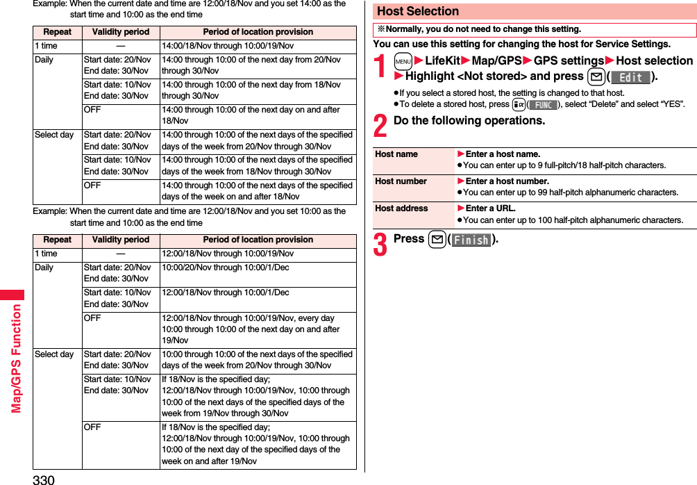 330Map/GPS FunctionExample: When the current date and time are 12:00/18/Nov and you set 14:00 as the start time and 10:00 as the end timeExample: When the current date and time are 12:00/18/Nov and you set 10:00 as the start time and 10:00 as the end timeRepeat Validity period Period of location provision1 time — 14:00/18/Nov through 10:00/19/NovDaily Start date: 20/NovEnd date: 30/Nov14:00 through 10:00 of the next day from 20/Nov through 30/NovStart date: 10/NovEnd date: 30/Nov14:00 through 10:00 of the next day from 18/Nov through 30/NovOFF 14:00 through 10:00 of the next day on and after 18/NovSelect day Start date: 20/NovEnd date: 30/Nov14:00 through 10:00 of the next days of the specified days of the week from 20/Nov through 30/NovStart date: 10/NovEnd date: 30/Nov14:00 through 10:00 of the next days of the specified days of the week from 18/Nov through 30/NovOFF 14:00 through 10:00 of the next days of the specified days of the week on and after 18/NovRepeat Validity period Period of location provision1 time — 12:00/18/Nov through 10:00/19/NovDaily Start date: 20/NovEnd date: 30/Nov10:00/20/Nov through 10:00/1/DecStart date: 10/NovEnd date: 30/Nov12:00/18/Nov through 10:00/1/DecOFF 12:00/18/Nov through 10:00/19/Nov, every day 10:00 through 10:00 of the next day on and after 19/NovSelect day Start date: 20/NovEnd date: 30/Nov10:00 through 10:00 of the next days of the specified days of the week from 20/Nov through 30/NovStart date: 10/NovEnd date: 30/NovIf 18/Nov is the specified day;12:00/18/Nov through 10:00/19/Nov, 10:00 through 10:00 of the next days of the specified days of the week from 19/Nov through 30/Nov OFF If 18/Nov is the specified day;12:00/18/Nov through 10:00/19/Nov, 10:00 through 10:00 of the next day of the specified days of the week on and after 19/NovYou can use this setting for changing the host for Service Settings.1mLifeKitMap/GPSGPS settingsHost selectionHighlight &lt;Not stored&gt; and press l().pIf you select a stored host, the setting is changed to that host.pTo delete a stored host, press i( ), select “Delete” and select “YES”.2Do the following operations.3Press l().Host Selection※Normally, you do not need to change this setting.Host name Enter a host name.pYou can enter up to 9 full-pitch/18 half-pitch characters.Host number Enter a host number.pYou can enter up to 99 half-pitch alphanumeric characters.Host address Enter a URL.pYou can enter up to 100 half-pitch alphanumeric characters.