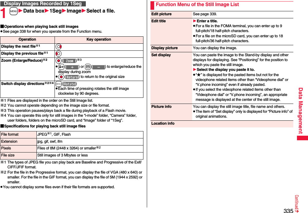 335Data Management1mData box1SegImageSelect a file.■Operations when playing back still imagespSee page 338 for when you operate from the Function menu.※1 Files are displayed in the order on the Still Image list.※2 You cannot operate depending on the image size or file format.※3 This operation pauses/plays back a file during playback of a Flash movie.※4 You can operate this only for still images in the “i-mode” folder, “Camera” folder, user folders, folders on the microSD card, and “Image” folder of “1Seg”.■Specifications for playing back still image files※1 The types of JPEG file you can play back are Baseline and Progressive of the Exif/CIFF/JFIF format.※2 For the file in the Progressive format, you can display the file of VGA (480 x 640) or smaller. For the file in the GIF format, you can display the file of 5M (1944 x 2592) or smaller.pYou cannot display some files even if their file formats are supported.Display Images Recorded by 1SegOperation Key operationDisplay the next file※1VoDisplay the previous file※1CoZoom (Enlarge/Reduce)※2Oo()※3pi() or l( ) to enlarge/reduce the display during zoompOo( ) to return to the original sizeSwitch display directions※2※4m()pEach time of pressing rotates the still image clockwise by 90 degrees.File format JPEG※1, GIF, FlashExtension jpg, gif, swf, ifmPixels Files of 8M (2448 x 3264) or smaller※2File size Still images of 3 Mbytes or lessFunction Menu of the Still Image ListEdit picture See page 339.Edit title Enter a title.pFor a file in the FOMA terminal, you can enter up to 9 full-pitch/18 half-pitch characters.pFor a file on the microSD card, you can enter up to 18 full-pitch/36 half-pitch characters.Display picture You can display the image.Set display You can paste the image to the Stand-by display and other displays for displaying. See “Positioning” for the position to which you paste the still image.Select the display you paste it to.p“★” is displayed for the pasted items but not for the videophone related items other than “Videophone dial” or “V.phone incoming” even if already pasted.pIf you select the videophone related items other than “Videophone dial” or “V.phone incoming”, an appropriate message is displayed at the center of the still image.Picture info You can display the still image title, file name and others.pThe item of “Set display” only is displayed for “Picture info” of original animations.Location info