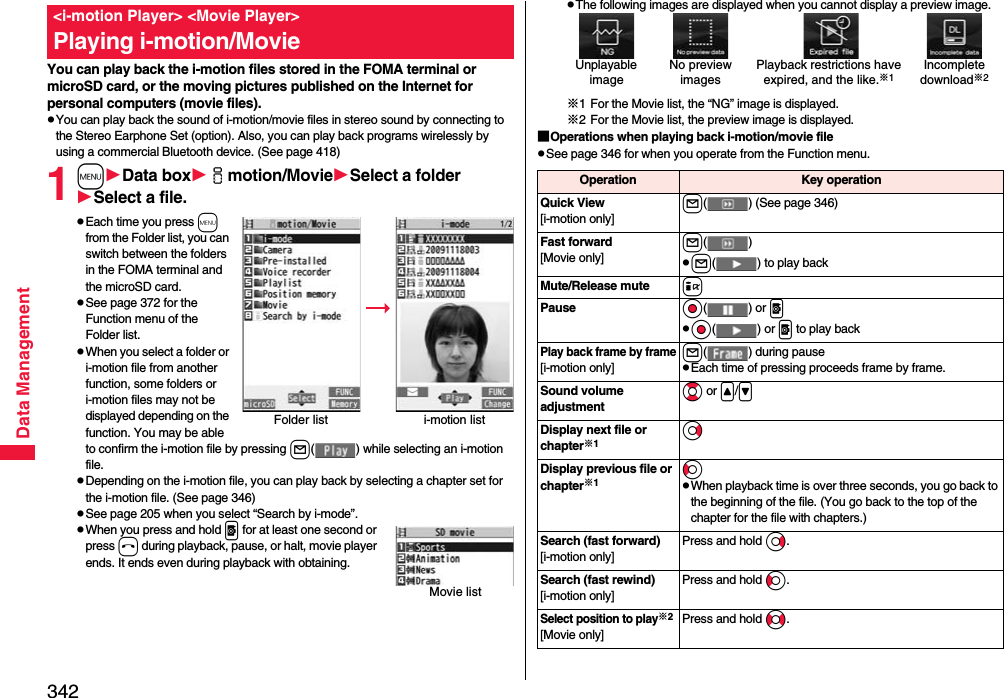 342Data ManagementYou can play back the i-motion files stored in the FOMA terminal or microSD card, or the moving pictures published on the Internet for personal computers (movie files).pYou can play back the sound of i-motion/movie files in stereo sound by connecting to the Stereo Earphone Set (option). Also, you can play back programs wirelessly by using a commercial Bluetooth device. (See page 418)1mData boximotion/MovieSelect a folderSelect a file.pEach time you press m from the Folder list, you can switch between the folders in the FOMA terminal and the microSD card.pSee page 372 for the Function menu of the Folder list.pWhen you select a folder or i-motion file from another function, some folders or i-motion files may not be displayed depending on the function. You may be able to confirm the i-motion file by pressing l( ) while selecting an i-motion file.pDepending on the i-motion file, you can play back by selecting a chapter set for the i-motion file. (See page 346)pSee page 205 when you select “Search by i-mode”.pWhen you press and hold p for at least one second or press h during playback, pause, or halt, movie player ends. It ends even during playback with obtaining.&lt;i-motion Player&gt; &lt;Movie Player&gt;Playing i-motion/MovieFolder list i-motion listMovie listpThe following images are displayed when you cannot display a preview image.※1 For the Movie list, the “NG” image is displayed.※2 For the Movie list, the preview image is displayed.■Operations when playing back i-motion/movie filepSee page 346 for when you operate from the Function menu.Unplayable imagePlayback restrictions have expired, and the like.※1No preview imagesIncompletedownload※2Operation Key operationQuick View[i-motion only]l( ) (See page 346)Fast forward[Movie only]l()pl( ) to play backMute/Release mute iPause Oo() or ppOo() or p to play backPlay back frame by frame[i-motion only]l( ) during pausepEach time of pressing proceeds frame by frame.Sound volume adjustmentBo or &lt;/&gt;Display next file or chapter※1VoDisplay previous file or chapter※1CopWhen playback time is over three seconds, you go back to the beginning of the file. (You go back to the top of the chapter for the file with chapters.)Search (fast forward)[i-motion only]Press and hold Vo.Search (fast rewind)[i-motion only]Press and hold Co.Select position to play※2[Movie only]Press and hold No.