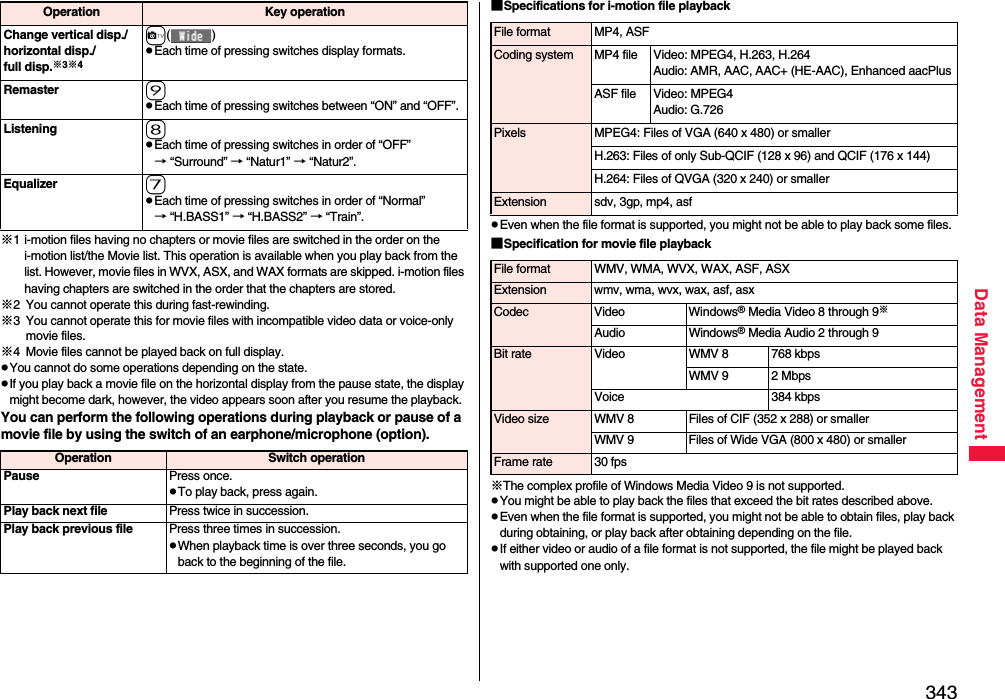 343Data Management※1 i-motion files having no chapters or movie files are switched in the order on the i-motion list/the Movie list. This operation is available when you play back from the list. However, movie files in WVX, ASX, and WAX formats are skipped. i-motion files having chapters are switched in the order that the chapters are stored.※2 You cannot operate this during fast-rewinding.※3 You cannot operate this for movie files with incompatible video data or voice-only movie files.※4 Movie files cannot be played back on full display.pYou cannot do some operations depending on the state.pIf you play back a movie file on the horizontal display from the pause state, the display might become dark, however, the video appears soon after you resume the playback.You can perform the following operations during playback or pause of a movie file by using the switch of an earphone/microphone (option).Change vertical disp./horizontal disp./full disp.※3※4c()pEach time of pressing switches display formats.Remaster 9pEach time of pressing switches between “ON” and “OFF”.Listening 8pEach time of pressing switches in order of “OFF” → “Surround” → “Natur1” → “Natur2”.Equalizer 7pEach time of pressing switches in order of “Normal” → “H.BASS1” → “H.BASS2” → “Train”.Operation Key operationOperation Switch operationPause Press once.pTo play back, press again.Play back next file Press twice in succession.Play back previous file Press three times in succession.pWhen playback time is over three seconds, you go back to the beginning of the file.■Specifications for i-motion file playbackpEven when the file format is supported, you might not be able to play back some files.■Specification for movie file playback※The complex profile of Windows Media Video 9 is not supported.pYou might be able to play back the files that exceed the bit rates described above.pEven when the file format is supported, you might not be able to obtain files, play back during obtaining, or play back after obtaining depending on the file.pIf either video or audio of a file format is not supported, the file might be played back with supported one only.File format MP4, ASFCoding system MP4 file Video: MPEG4, H.263, H.264Audio: AMR, AAC, AAC+ (HE-AAC), Enhanced aacPlusASF file Video: MPEG4Audio: G.726Pixels MPEG4: Files of VGA (640 x 480) or smallerH.263: Files of only Sub-QCIF (128 x 96) and QCIF (176 x 144)H.264: Files of QVGA (320 x 240) or smallerExtension sdv, 3gp, mp4, asfFile format WMV, WMA, WVX, WAX, ASF, ASXExtension wmv, wma, wvx, wax, asf, asxCodec Video Windows® Media Video 8 through 9※Audio Windows® Media Audio 2 through 9Bit rate Video WMV 8 768 kbpsWMV 9 2 MbpsVoice 384 kbpsVideo size WMV 8 Files of CIF (352 x 288) or smallerWMV 9 Files of Wide VGA (800 x 480) or smallerFrame rate 30 fps