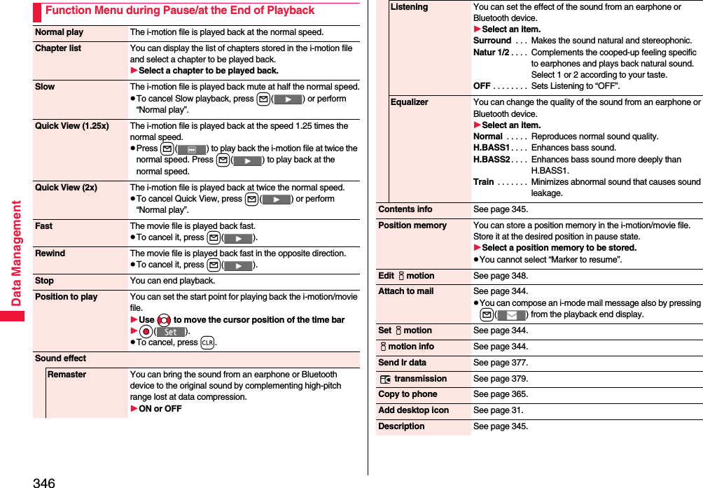 346Data ManagementFunction Menu during Pause/at the End of PlaybackNormal play The i-motion file is played back at the normal speed.Chapter list You can display the list of chapters stored in the i-motion file and select a chapter to be played back.Select a chapter to be played back.Slow The i-motion file is played back mute at half the normal speed.pTo cancel Slow playback, press l( ) or perform “Normal play”.Quick View (1.25x) The i-motion file is played back at the speed 1.25 times the normal speed.pPress l( ) to play back the i-motion file at twice the normal speed. Press l( ) to play back at the normal speed.Quick View (2x) The i-motion file is played back at twice the normal speed.pTo cancel Quick View, press l( ) or perform “Normal play”.Fast The movie file is played back fast.pTo cancel it, press l().Rewind The movie file is played back fast in the opposite direction.pTo cancel it, press l().Stop You can end playback.Position to play You can set the start point for playing back the i-motion/movie file.Use No to move the cursor position of the time bar Oo().pTo cancel, press r.Sound effectRemaster You can bring the sound from an earphone or Bluetooth device to the original sound by complementing high-pitch range lost at data compression.ON or OFFListening You can set the effect of the sound from an earphone or Bluetooth device.Select an item.Surround  . . .  Makes the sound natural and stereophonic.Natur 1/2 . . . .  Complements the cooped-up feeling specific to earphones and plays back natural sound. Select 1 or 2 according to your taste.OFF . . . . . . . .  Sets Listening to “OFF”.Equalizer You can change the quality of the sound from an earphone or Bluetooth device.Select an item.Normal  . . . . .  Reproduces normal sound quality.H.BASS1 . . . .  Enhances bass sound.H.BASS2 . . . .  Enhances bass sound more deeply than H.BASS1.Train  . . . . . . .  Minimizes abnormal sound that causes sound leakage.Contents info See page 345.Position memory You can store a position memory in the i-motion/movie file. Store it at the desired position in pause state.Select a position memory to be stored.pYou cannot select “Marker to resume”.Edit imotion See page 348.Attach to mail See page 344.pYou can compose an i-mode mail message also by pressing l( ) from the playback end display.Set imotion See page 344.imotion info See page 344.Send Ir data See page 377. transmission See page 379.Copy to phone See page 365.Add desktop icon See page 31.Description See page 345.